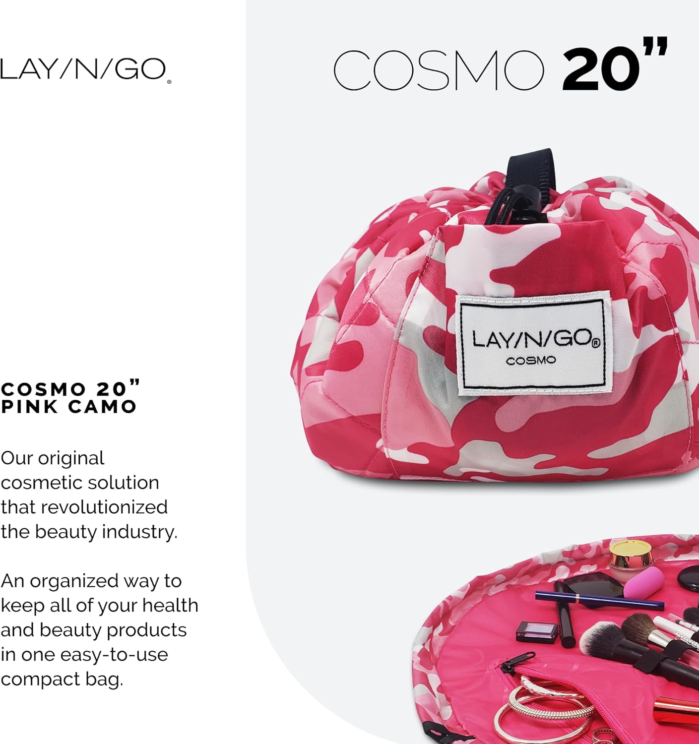 Lay-n-Go Cosmo Drawstring Cosmetic & Makeup Bag Organizer - Portable Drawstring Makeup Bag w/Zipper Pocket, Makeup Loops & More - Durable, Machine Washable Toiletry Sack for Travel (20", Pink Camo)