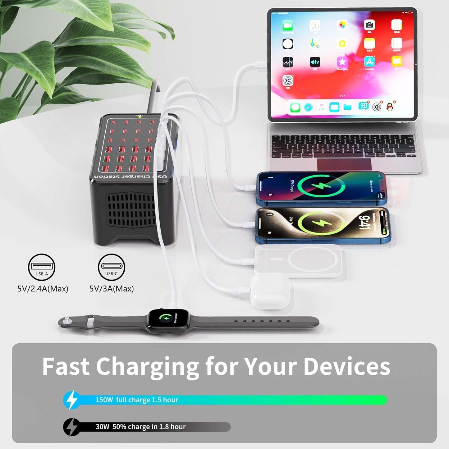 150W(30A) USB Charging Station, 30-Port USB C Charger Block, Multiple Desktop/Wall Fast Charger with Intelligent Protection Compatible with iPhone, iPad, Tablets, Smartphones