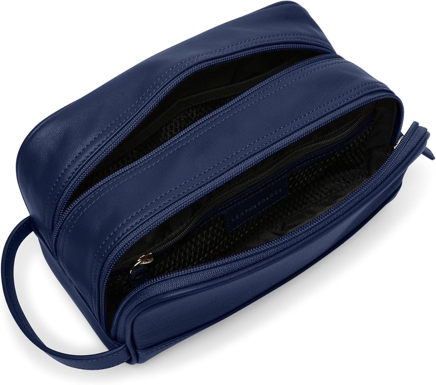 Leatherology Navy Blue Leather Toiletry Bag – Small Double Zip Dopp Kit – Full Grain Leather Travel Organizer with Water-Resistant Lining – Compact Grooming Bag for Men or Women
