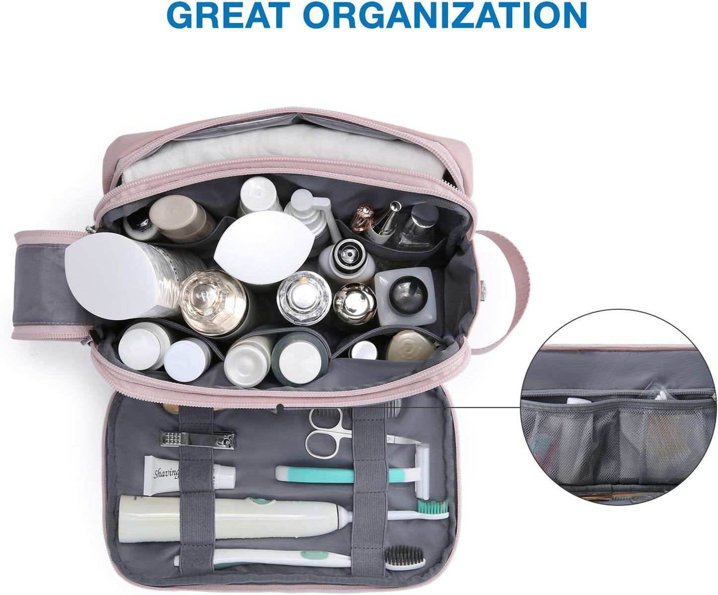BAGSMART Toiletry Bag for Men, Travel Toiletry Organizer Dopp Kit Water-resistant Shaving Bag for Toiletries Accessories, Door Room Essentials,Pink-medium