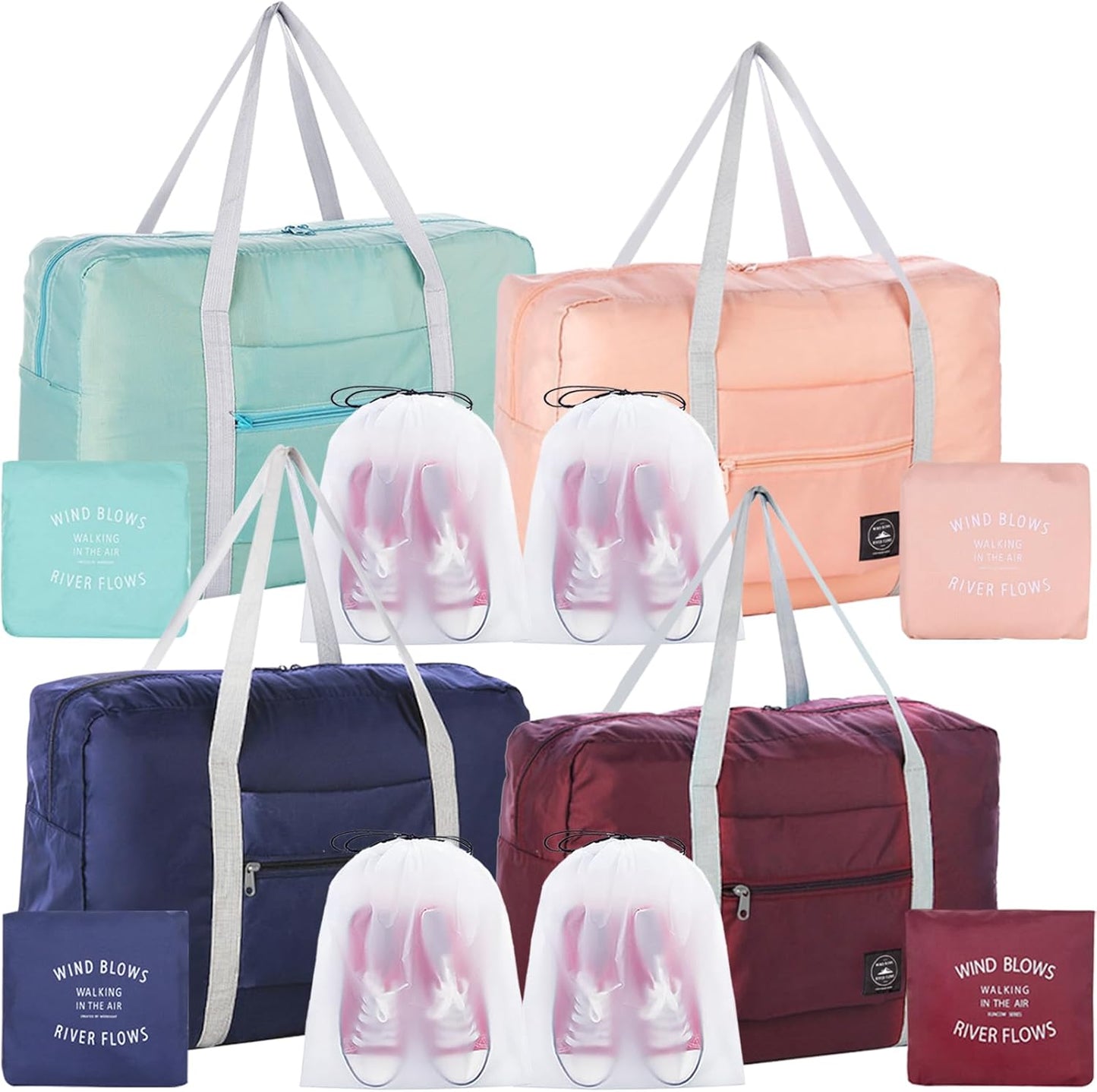 4PCS Travel Duffle Bag Tote Carry on Bag Nylon Lightweight Foldable Travel Bag Water Resistant Sports Gym Duffle Weekender Overnight Bag (Red+Pink+Blue+Green+4 Pe bag)