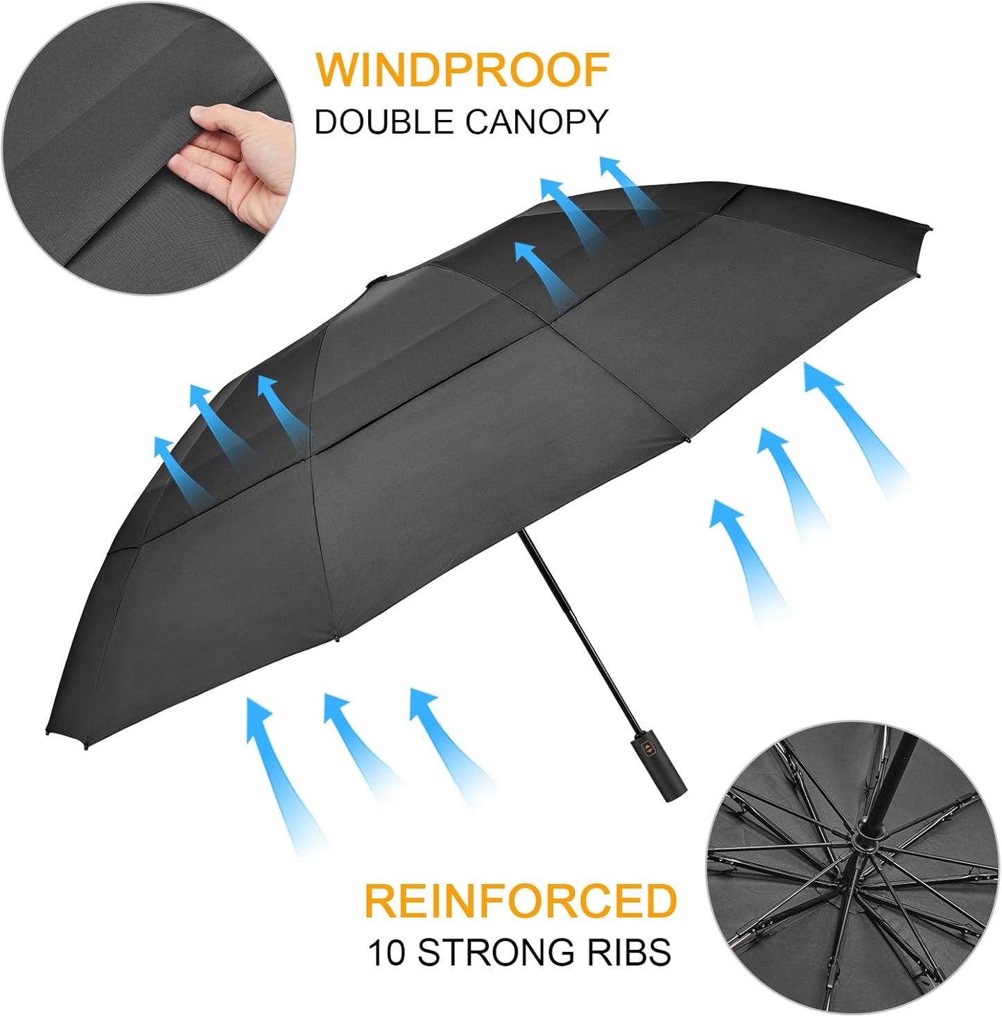 Prospo 46/62 Inch Large Travel Umbrellas for Rain Windproof, 10 Ribs Compact Reverse Folding Golf Umbrella, Double Canopy Automatic Open Close