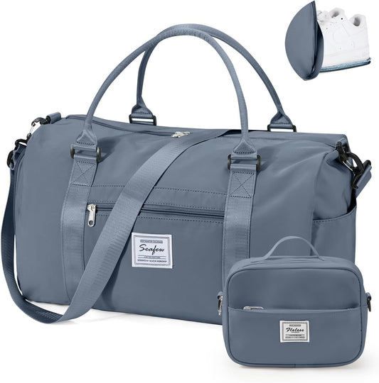 Gym Bag for Women with Shoes Compartment Small Duffel Bag Sport bag with Toiletry Bag Overnight Travel Tote Bags Weekender Carry on Bag Personal Item Bags for Airlines Grey Blue