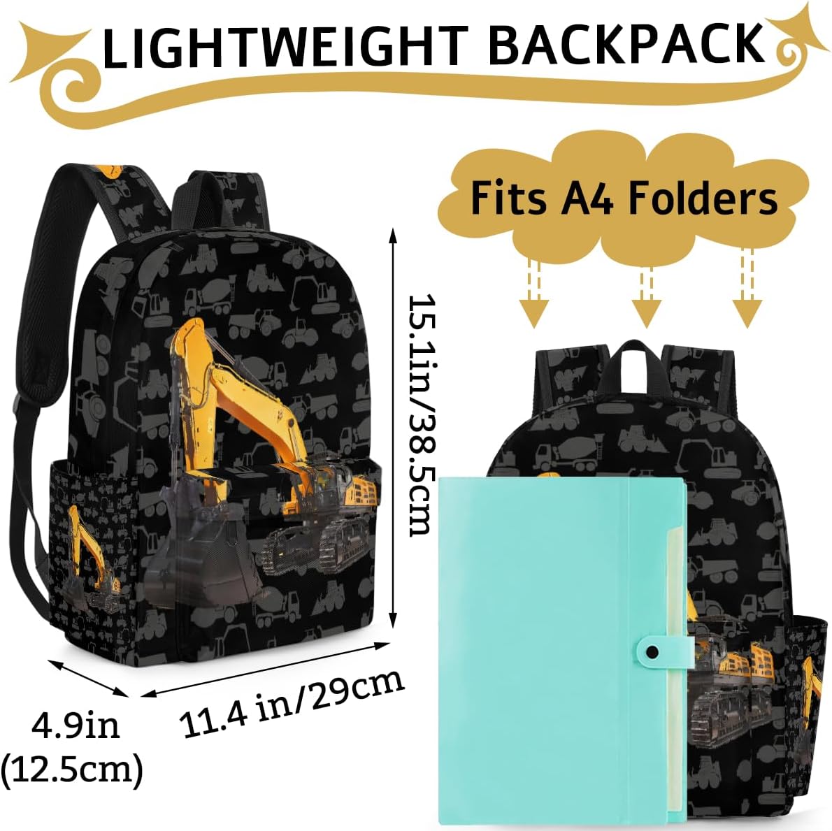 Excavator Truck Kids Backpack for Boys Girls Cool Car Preschool Toddler Backpack Kindergarten Nursery Bookbag Travel Children Lightweight School Bag