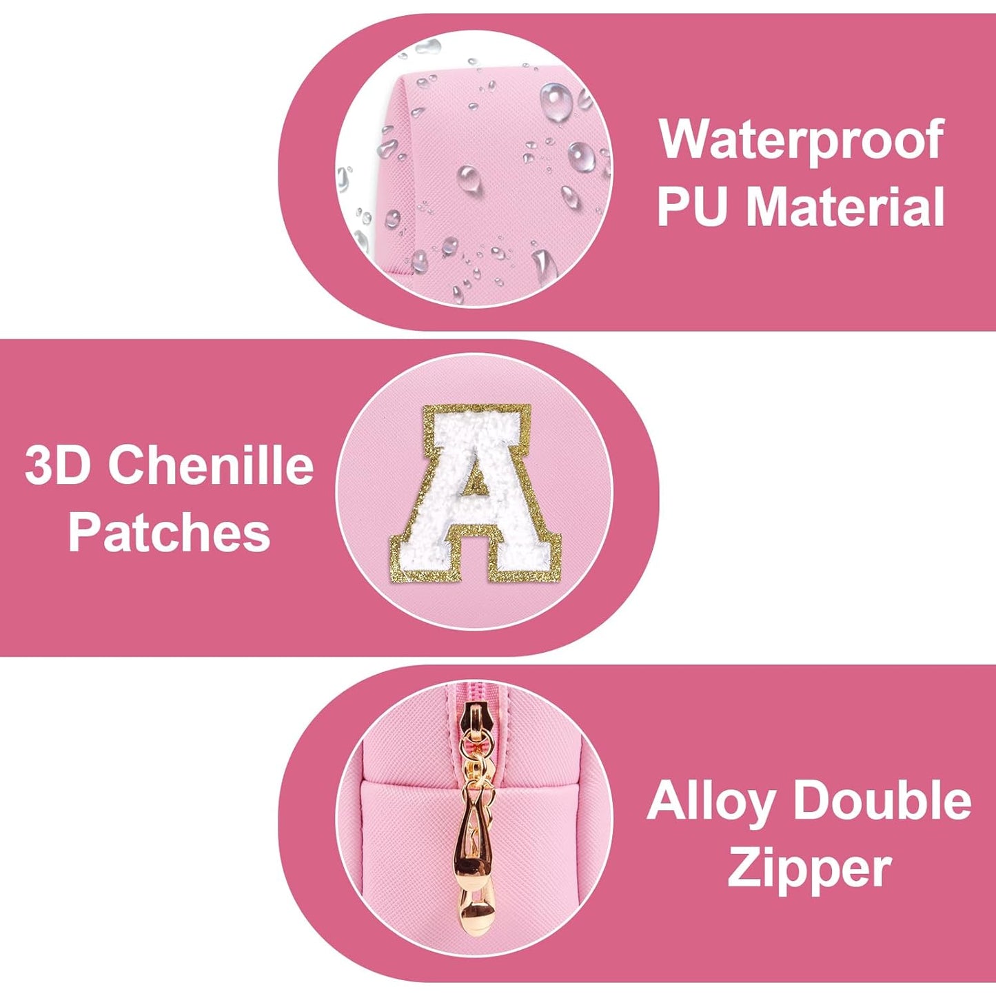 Personalized Initial A-Z Preppy Patch Makeup Bag,Small PU Chenille Letter Cosmetic Bag with Zipper for Teen Girls,Pink Cute Toiletry Organizer Bag,Monogram Makeup Case Gift for Women Girls,Letter A