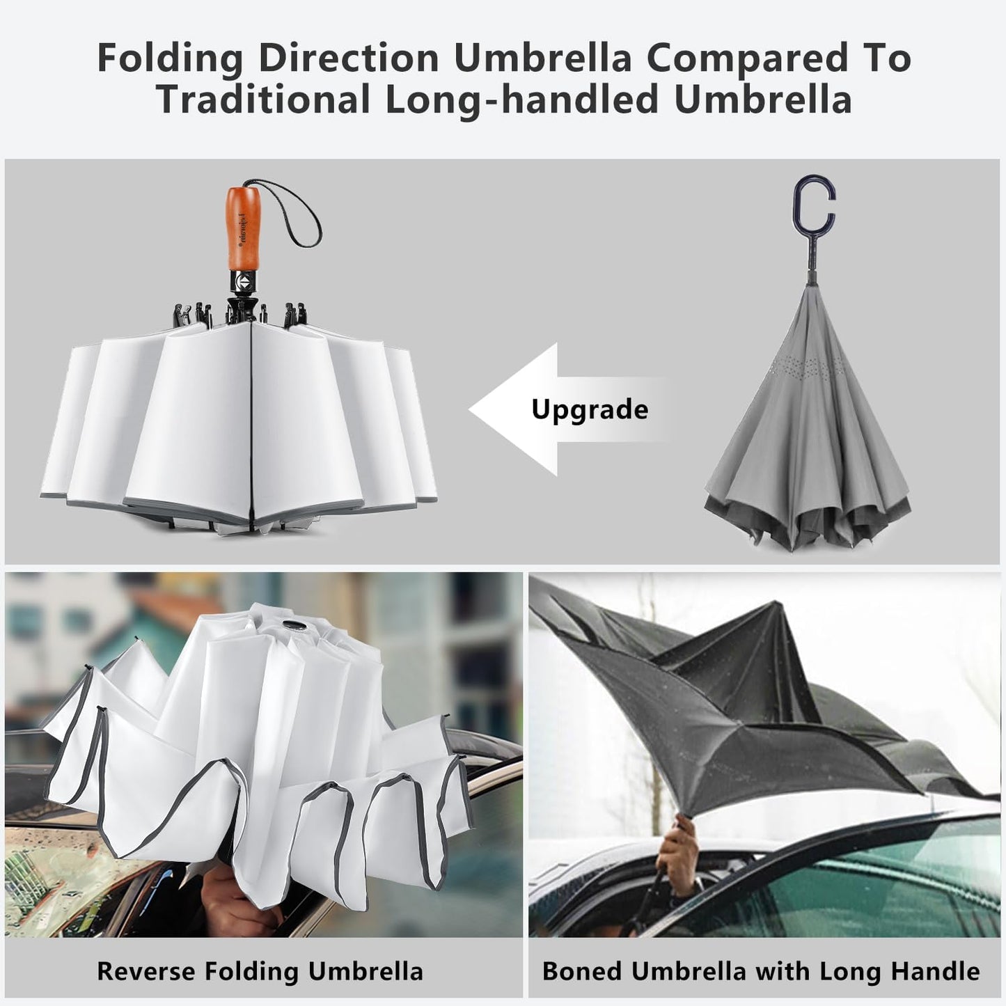 Lejorain Golf Large Inverted Umbrella - Black Big Windproof Heavy Duty Upside Down 46/50/54 Inch Compact Reverse Car Automatic Folding Reflective Umbrella