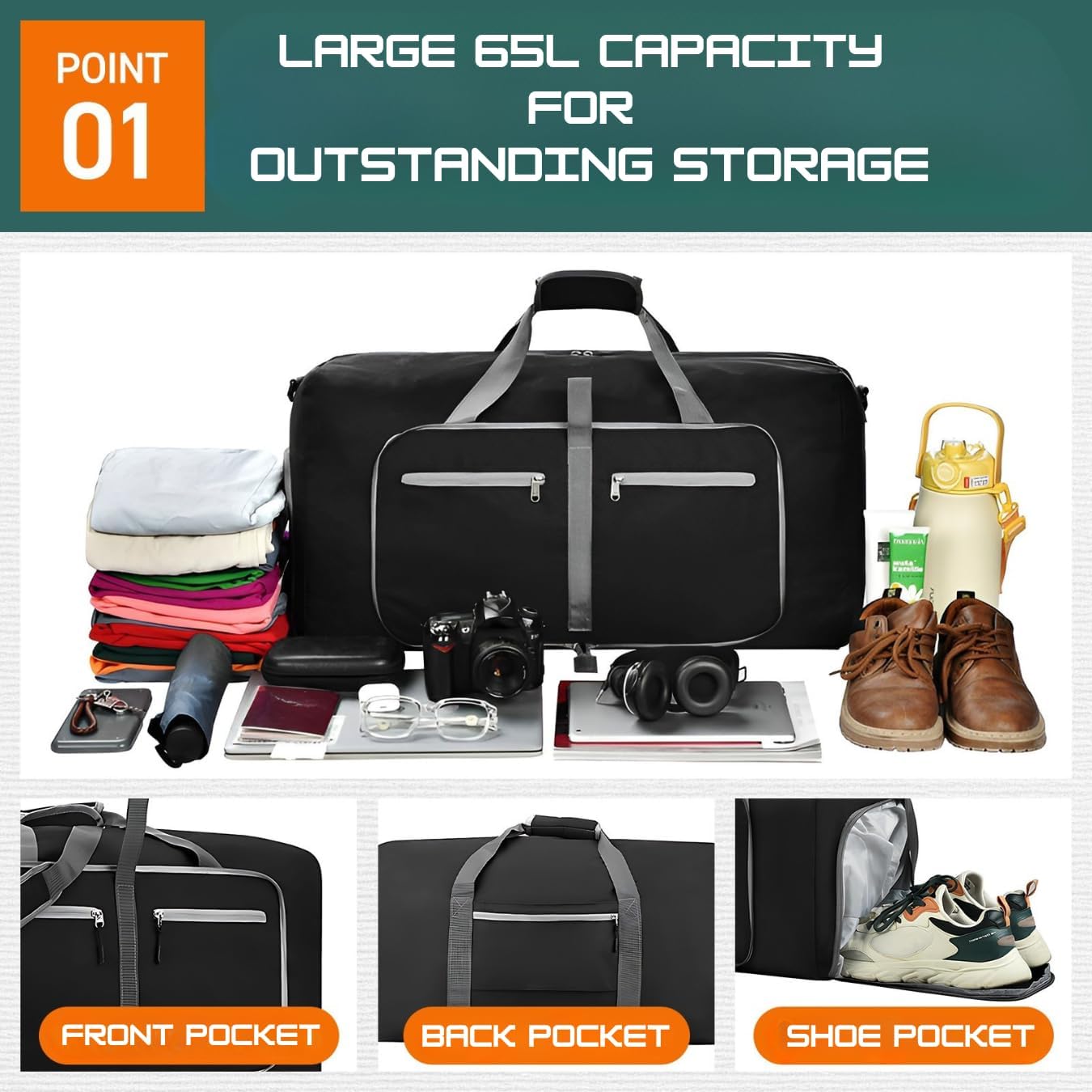 Travel Bag Gym Bag Folding Boston Bag Duffel Bag Carry On Large Capacity 65L Waterproof With Shoe Bag No Logo (Gray, 24.8inch×11.4inch×13.8inch)