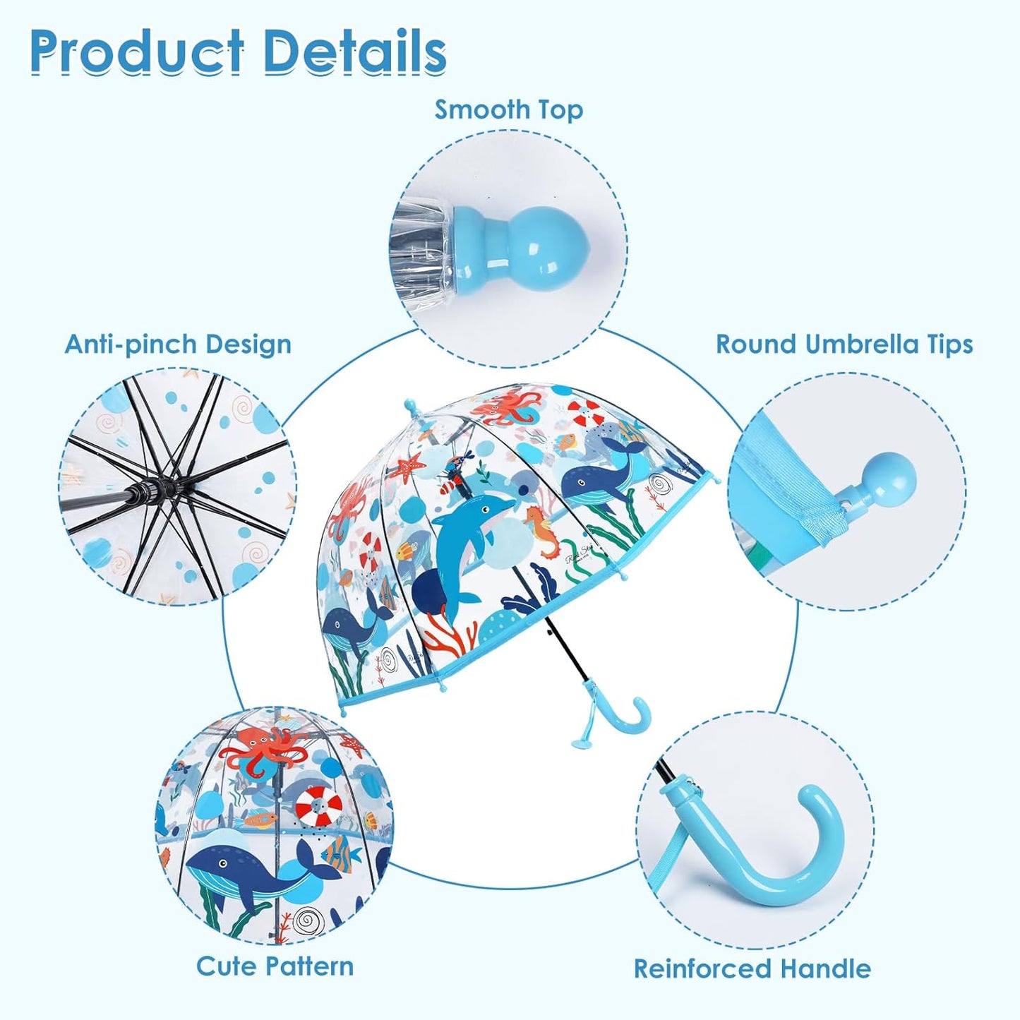 Kids Umbrella Clear Bubble Umbrellas for Rain,Transparent Dome Safety Windproof Umbrella with Easy-Grip Hook Handle for Toddler Girls and Boys