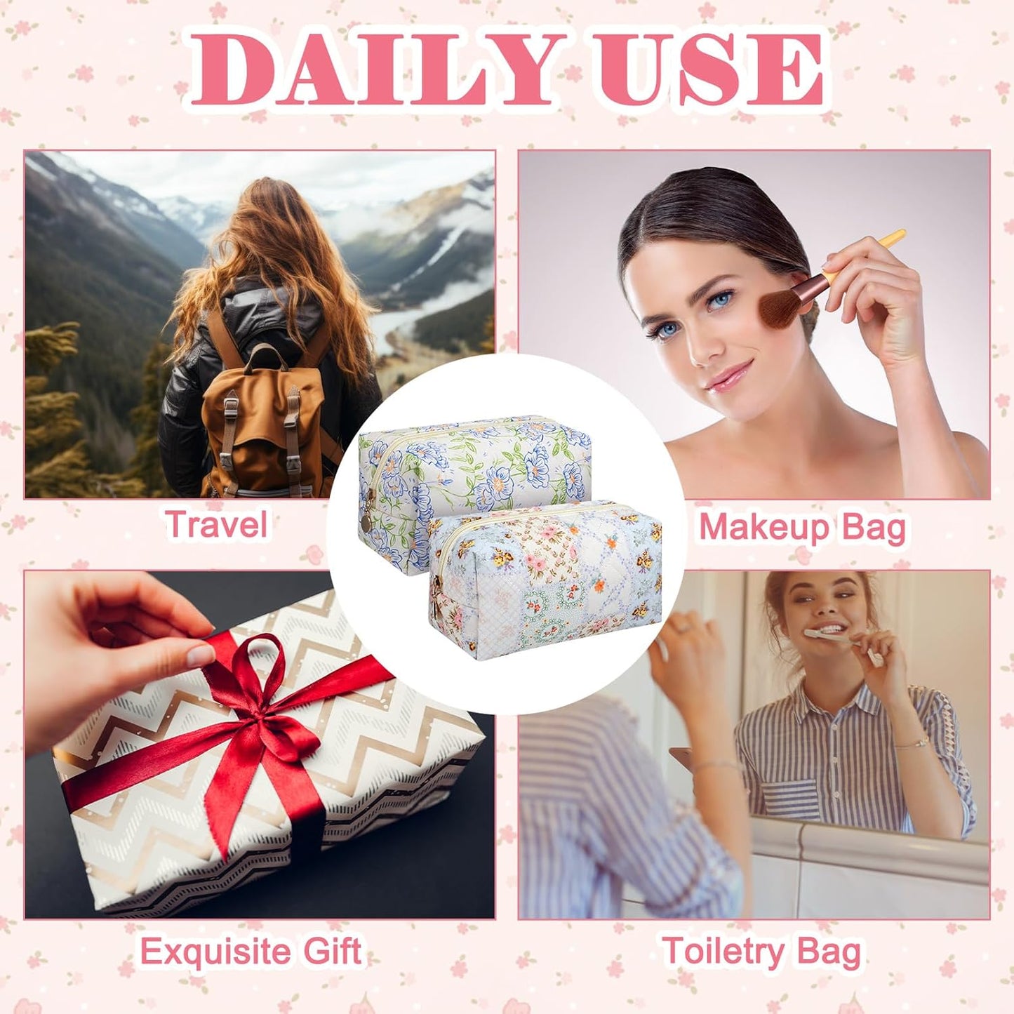 12 Packs Quilted Makeup Bag Flower Theme Toiletry Cosmetic Bag Aesthetic Makeup Pouch Floral Emergency Kit Pouch for Traveling
