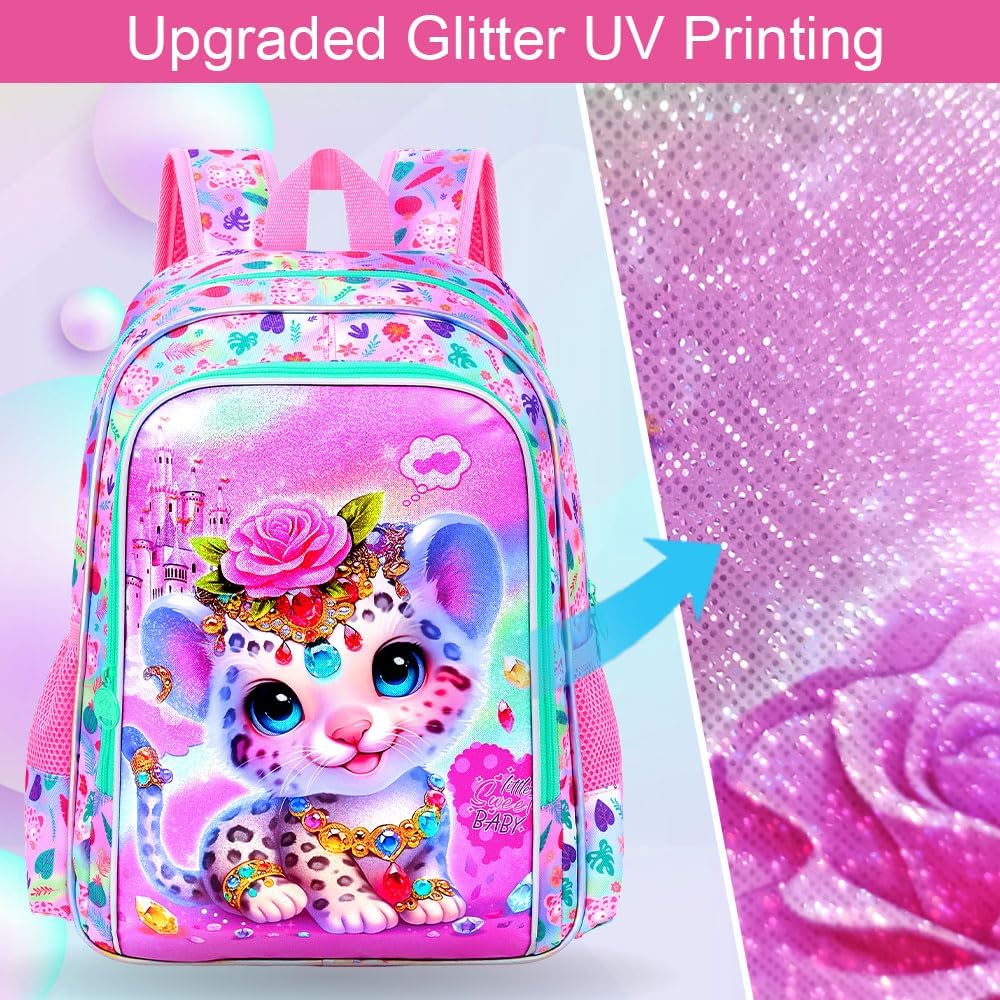 16" Backpack for Girls, 3Pcs Kids Bookbag with Lunch Box，Leopard School Backpacks for Elementary Preschool Kindergarten (Pink)
