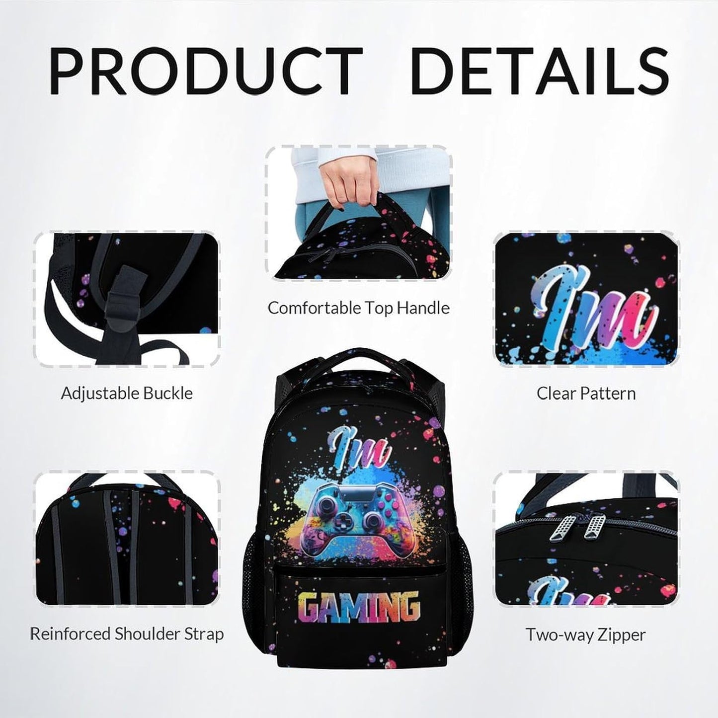 COZYAURA Kids Backpack with Lunch Box - Graffiti Video Gamer Backpack for School - Lightweight Black Gaming Backpacks for Boys