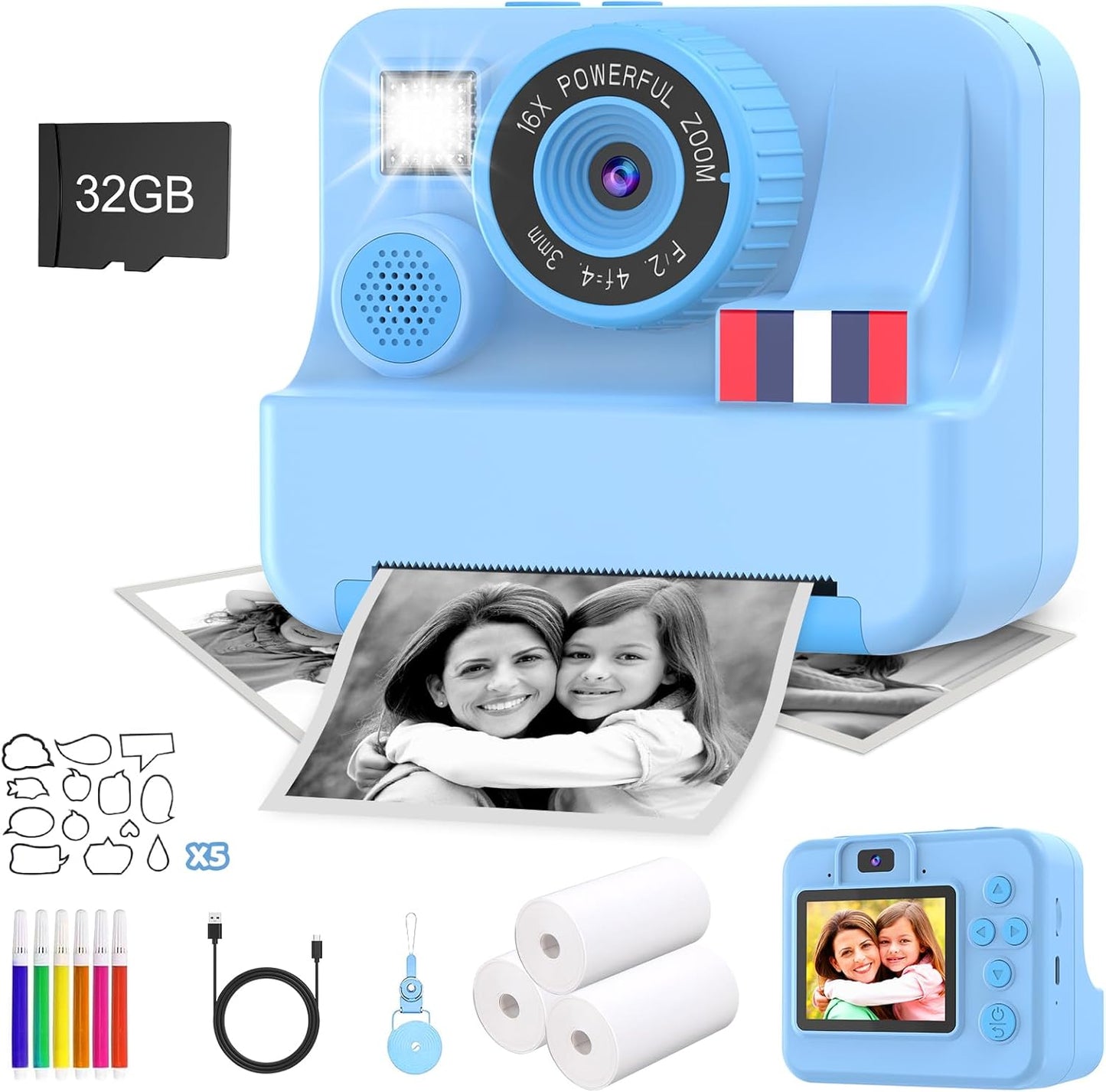 Instant Print Camera for Kids - Christmas Birthday Girls Boys Gifts for Age 3 4 5 6 7 8 9 10 Year Old, 2.4 Inch Screen Kids Instant Camera, Kid Digital Video Dual Cameras with 32 GB SD Card