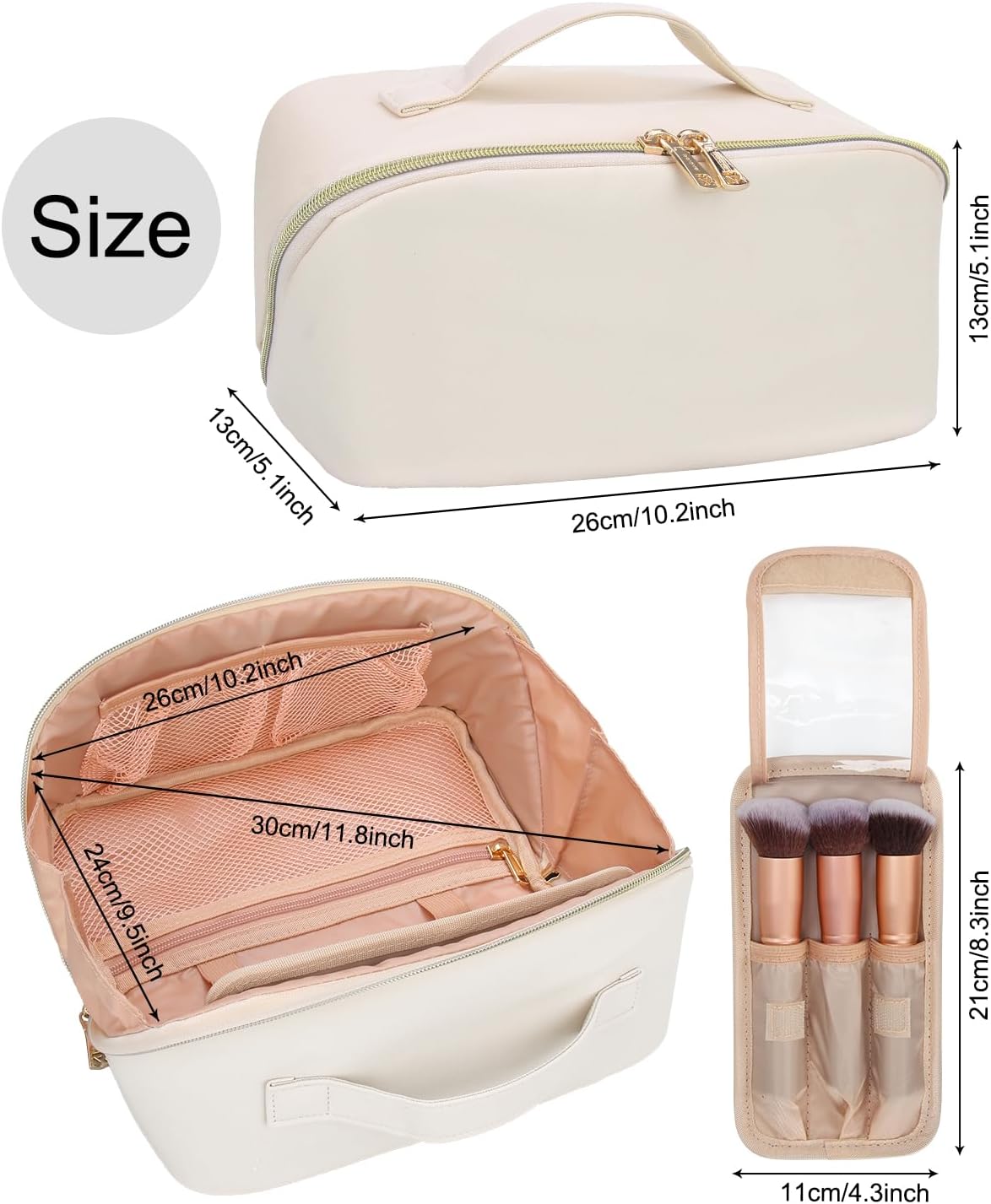 Relavel Travel Makeup Bag for Women, Large Capacity Cosmetic Bags with Separate Brushes Compartments, Waterproof Toiletry Organizer Bags with Handle for Travel Essentials - White