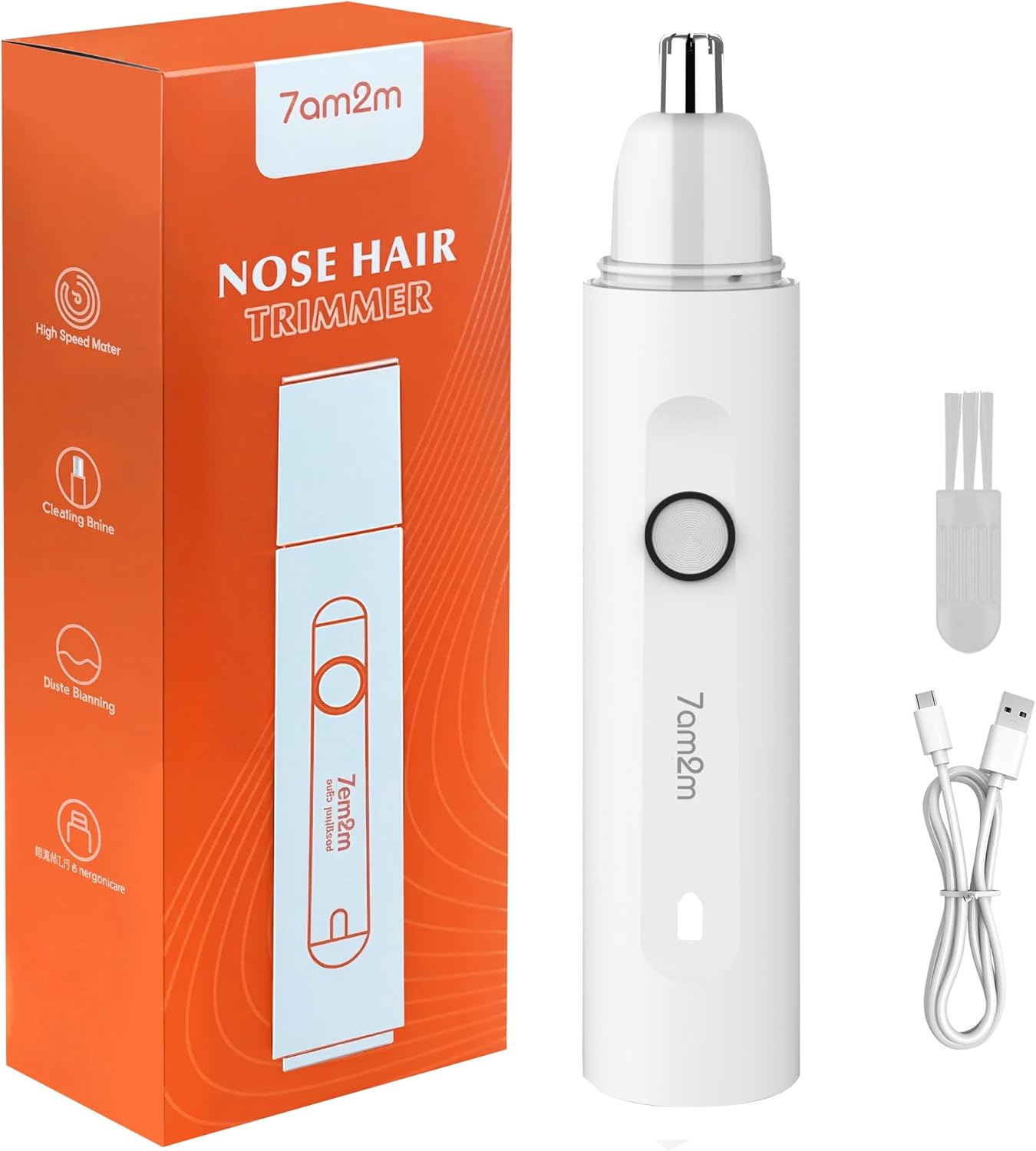 7AM2M PersonalCare Electric Nose and Ear Hair Trimmer – Rechargeable, 9000 RPM High-Speed Precision Cutting, Detachable Washable Blade, Portable Design White
