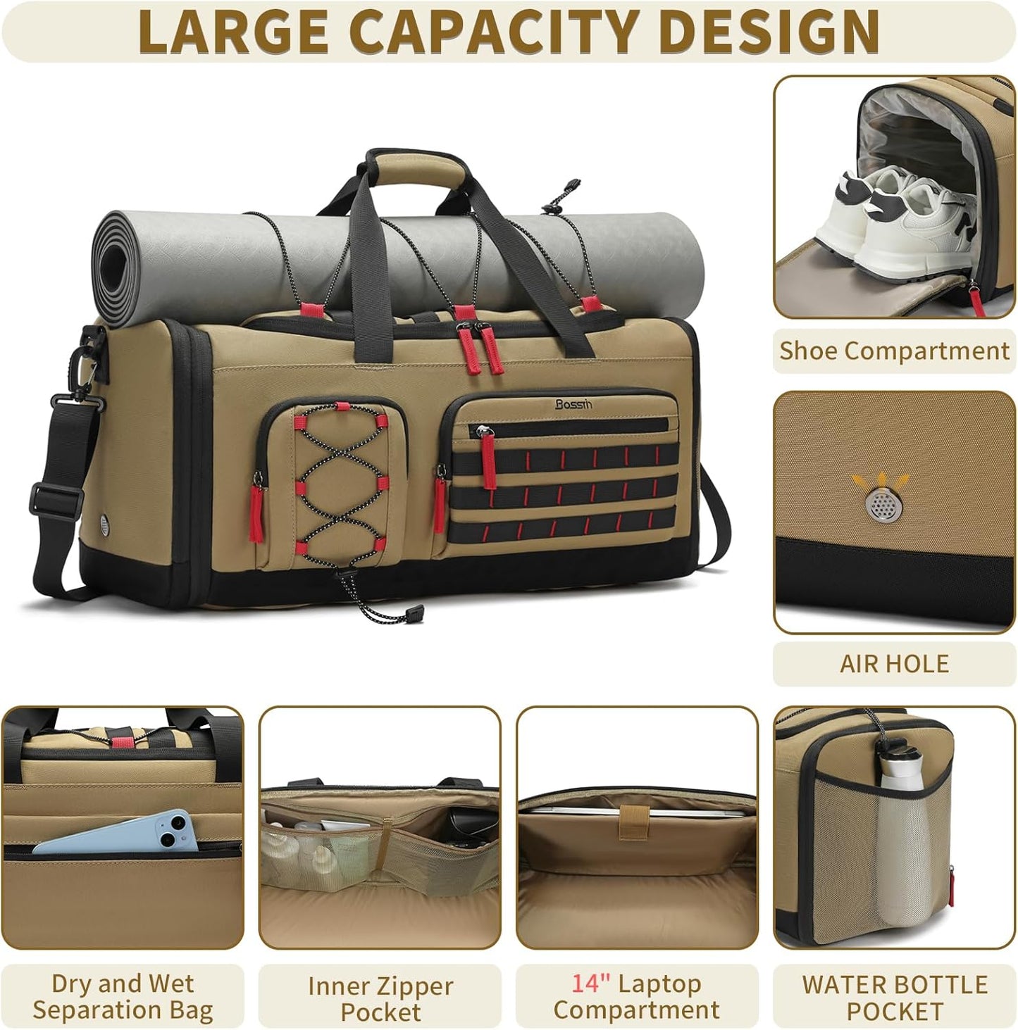 Bosstin Gym Bag for Men & Women,45L Travel Duffle Sports Duffel Bag Gym Weekender Overnight Backpack with Shoe Compartment (Khaki)