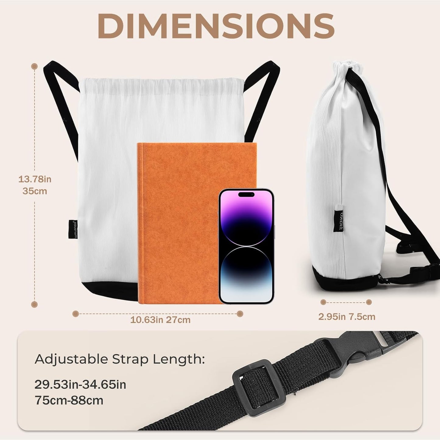 LED Backpack Drawstring Bag Gym Bags Light up Purse 7 Colors Rave Gear Rucksack for Bike Hiking festival carnival (White)