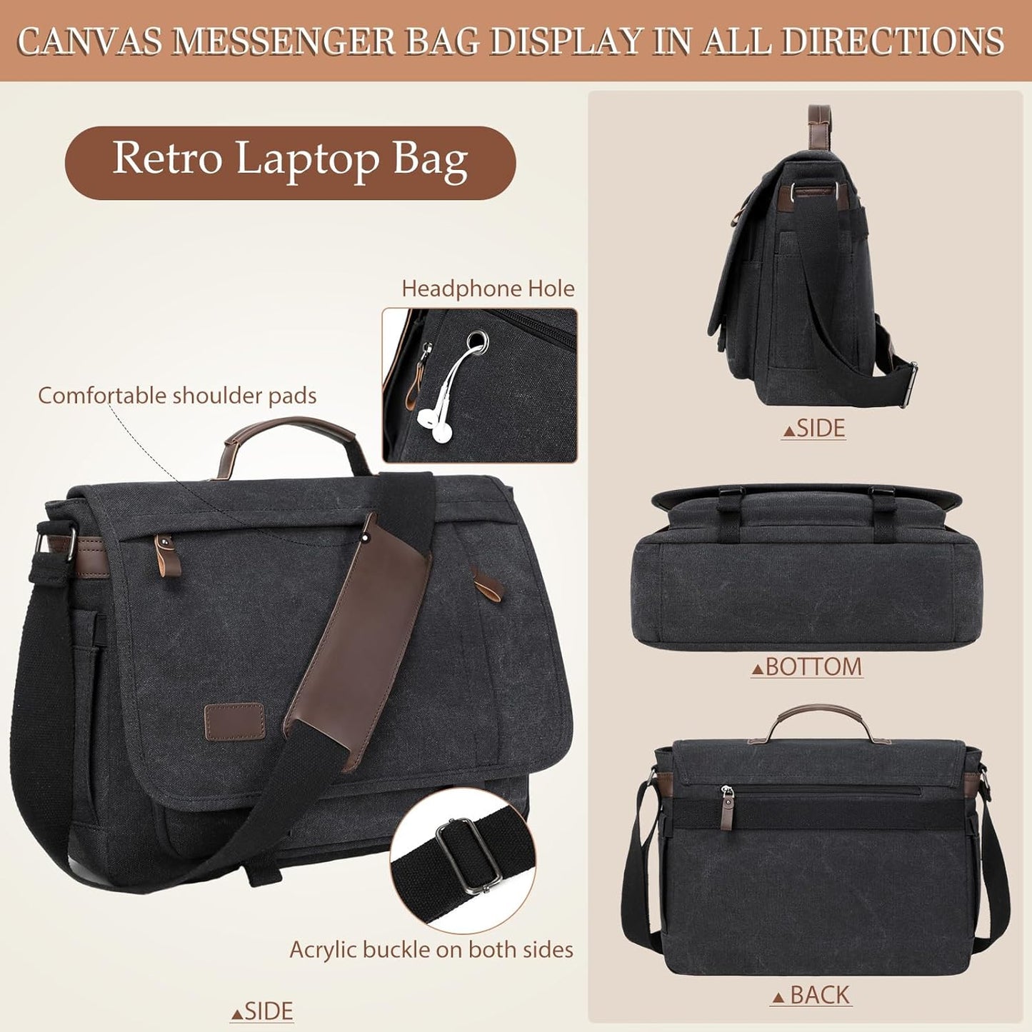 17.3 Inch Messenger Bag for Men: 2PCS Laptop Bag PU Leather Canvas Work Briefcase Large Office