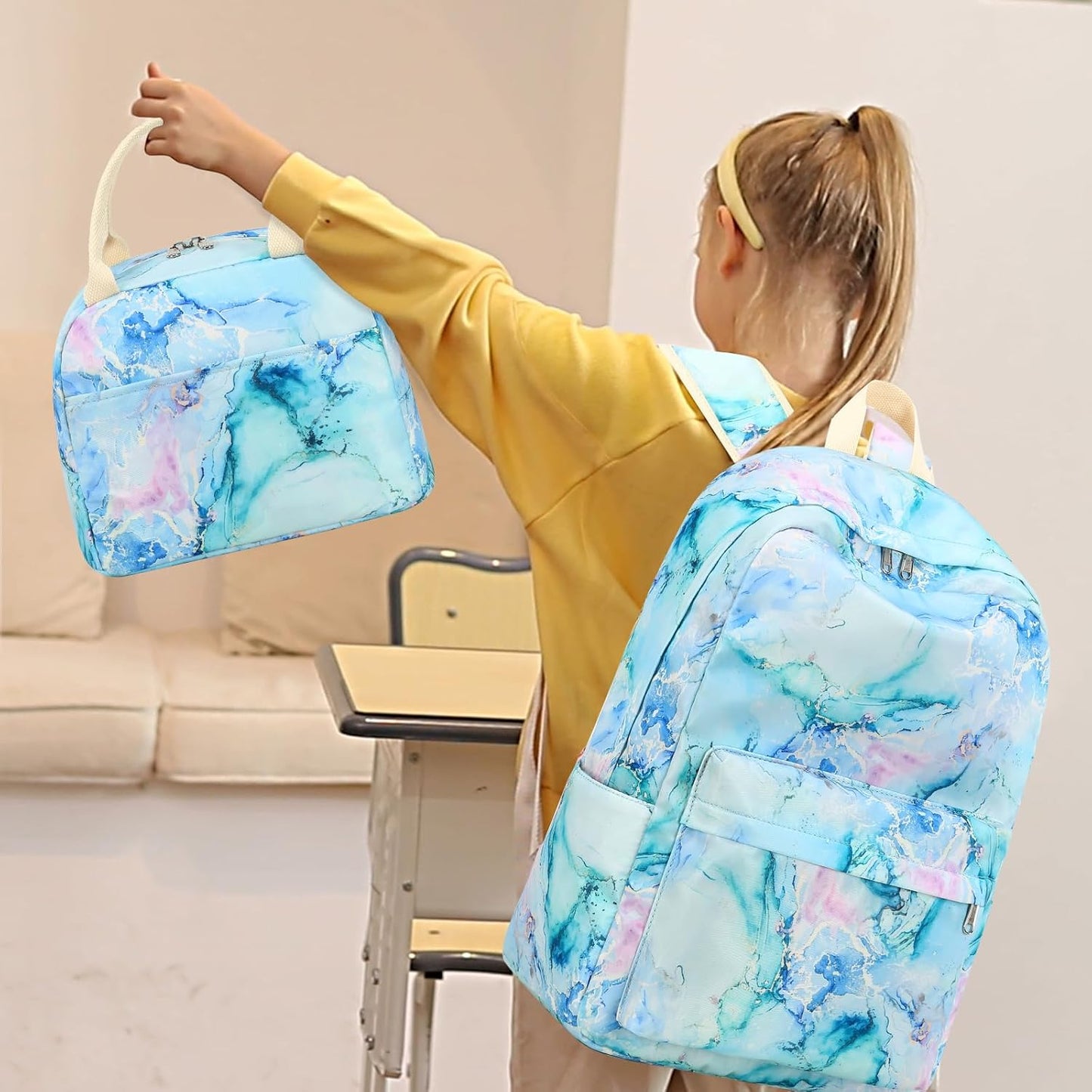 LEDAOU Backpack for Girls School Bag Kids Bookbag Teen Backpack Set Daypack with Lunch Bag and Pencil Case