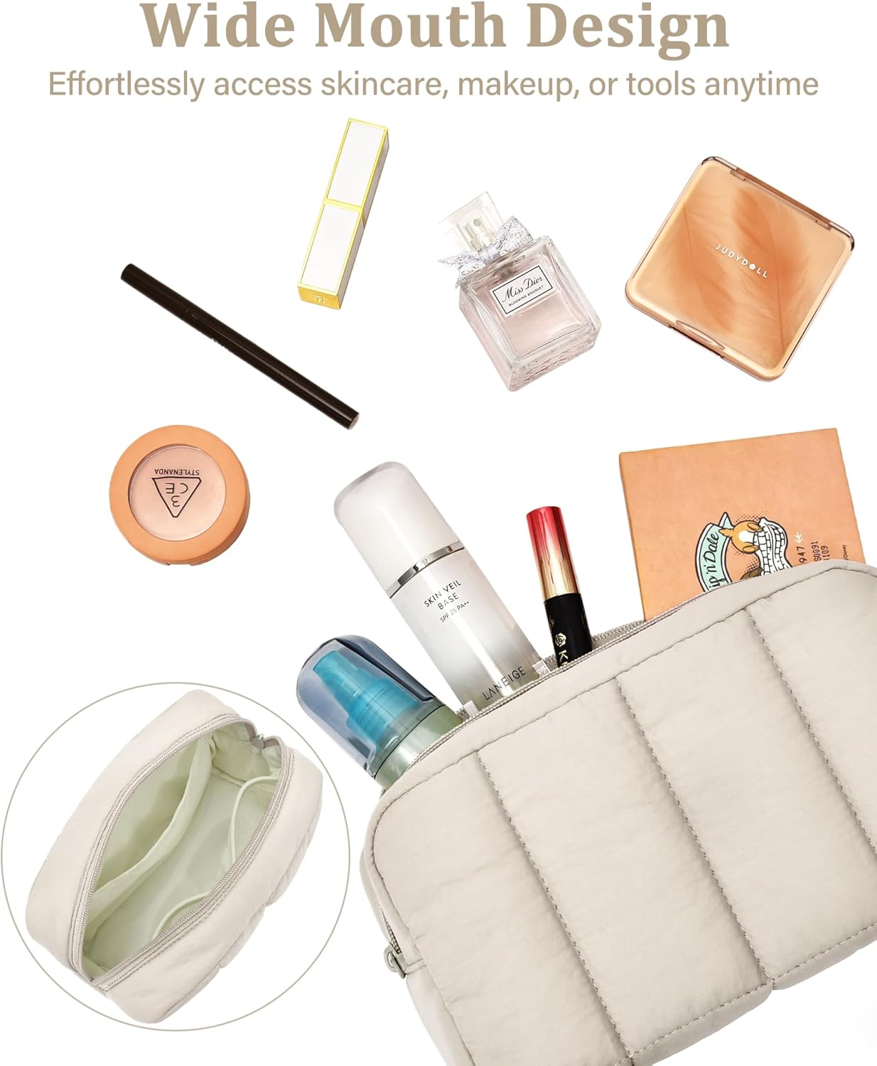 oscaurt 2 Pcs Makeup Bag Travel Toiletry Bag for Women Puffy Padded Cosmetic Pouch Purse Wide-open Makeup Organizer Case Travel Essentials