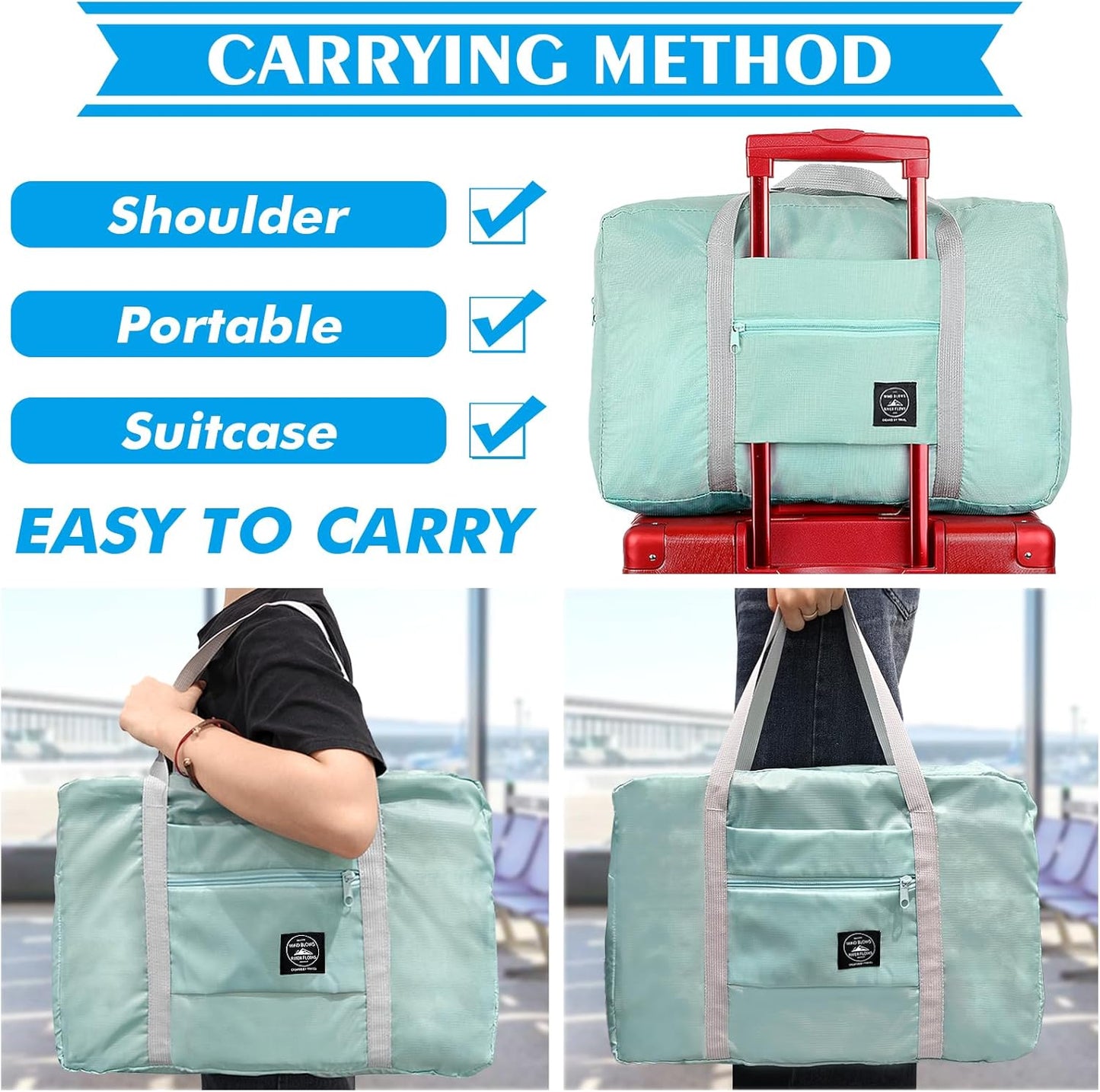 Travel Duffle Bag Tote Carry on Bag Nylon Lightweight Foldable Travel Bag Water Resistant Sports Gym Duffle Weekender Overnight Bag (Green+Pe bag)