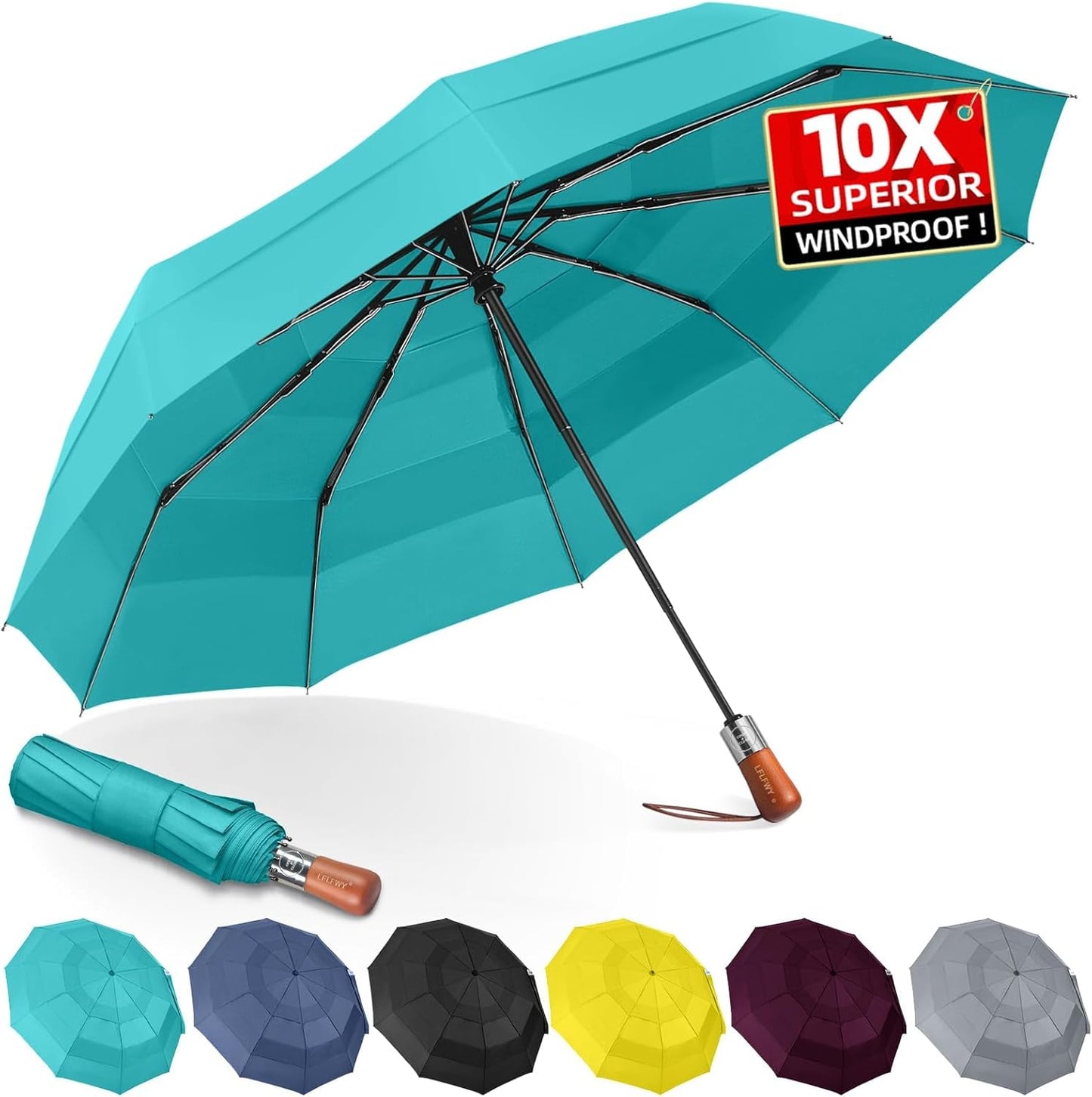 Umbrella Strong Windproof, Triple-Layer Canopy, 10 Fiberglass Ribs, Auto Open/Close, Wooden Handle, Sleeve with Anti-Loss Hook, Umbrellas for Travel & Commute & Daily Use & Gift