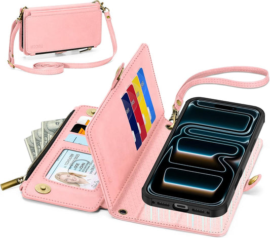 TUCCH Detachable Crossbody Wallet Case for iPhone 17 Pro Max 6.9", 10 Card Slots RFID Blocking | Stand | Lanyard Wrist Strap | Wireless Charging | Zipper Pocket | PU Leather Magnetic Cover | Rose Gold
