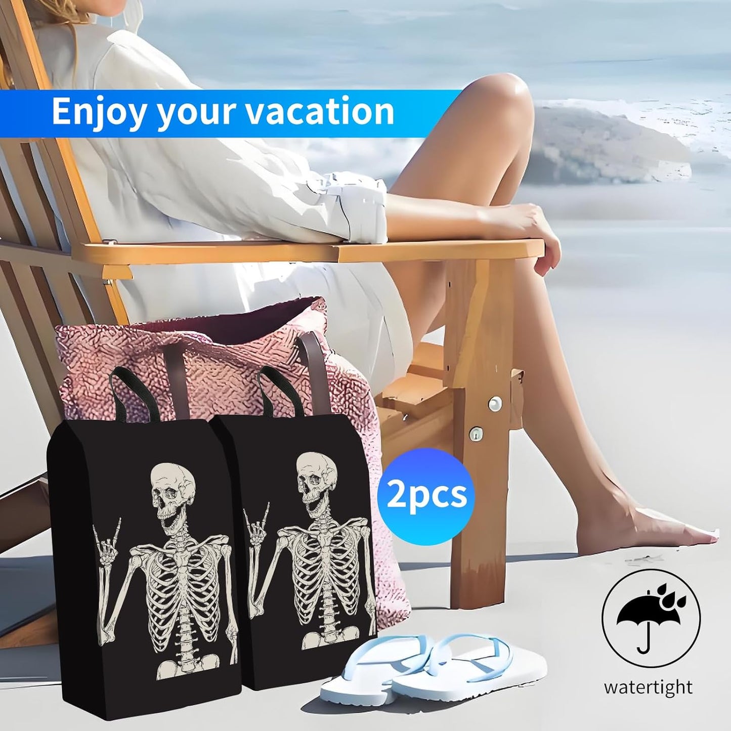 2pcs Shoe Organizer for Travel, Packing Shoe Travel Bags, Cute Shoe Bag with Zipper & Handle, Portable Travel Essentials for Women and Men Skull Human Skeleton