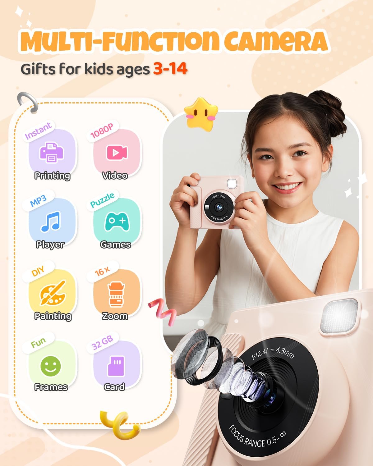 Kids Instant Print Camera, Christmas Birthday Gifts for Girls and Boys, 1080P HD Video Digital Kids Camera with Print Paper & 32G Card, Toddler Toy for 3-14 Years Old (Brown)
