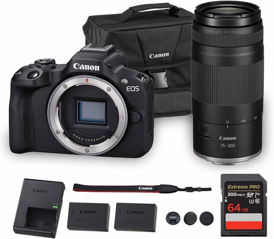 Canon EOS R50 Mirrorless Camera | 24.2MP APS-C, 4K 30p Video, Dual Pixel AF II, 15fps Burst, Vari-Angle Screen, Compact Beginner Vlogging Camera (5811C002) + Canon RF 75-300mm Lens + 64GB Card + More