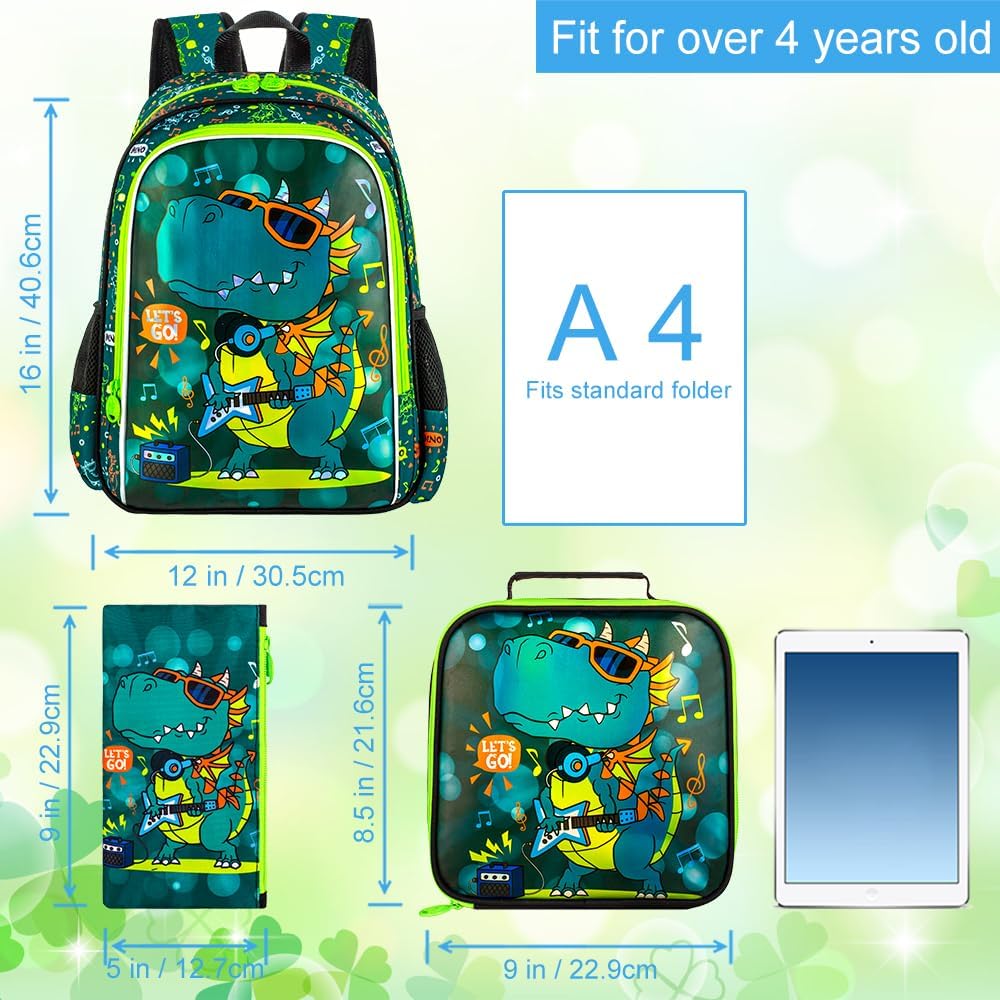 16" Dinosaur Backpack for Boy, 3Pcs Kids School Bookbag for Elementary Preschool Kindergarten, School Backpacks with Lunch Box(Green)