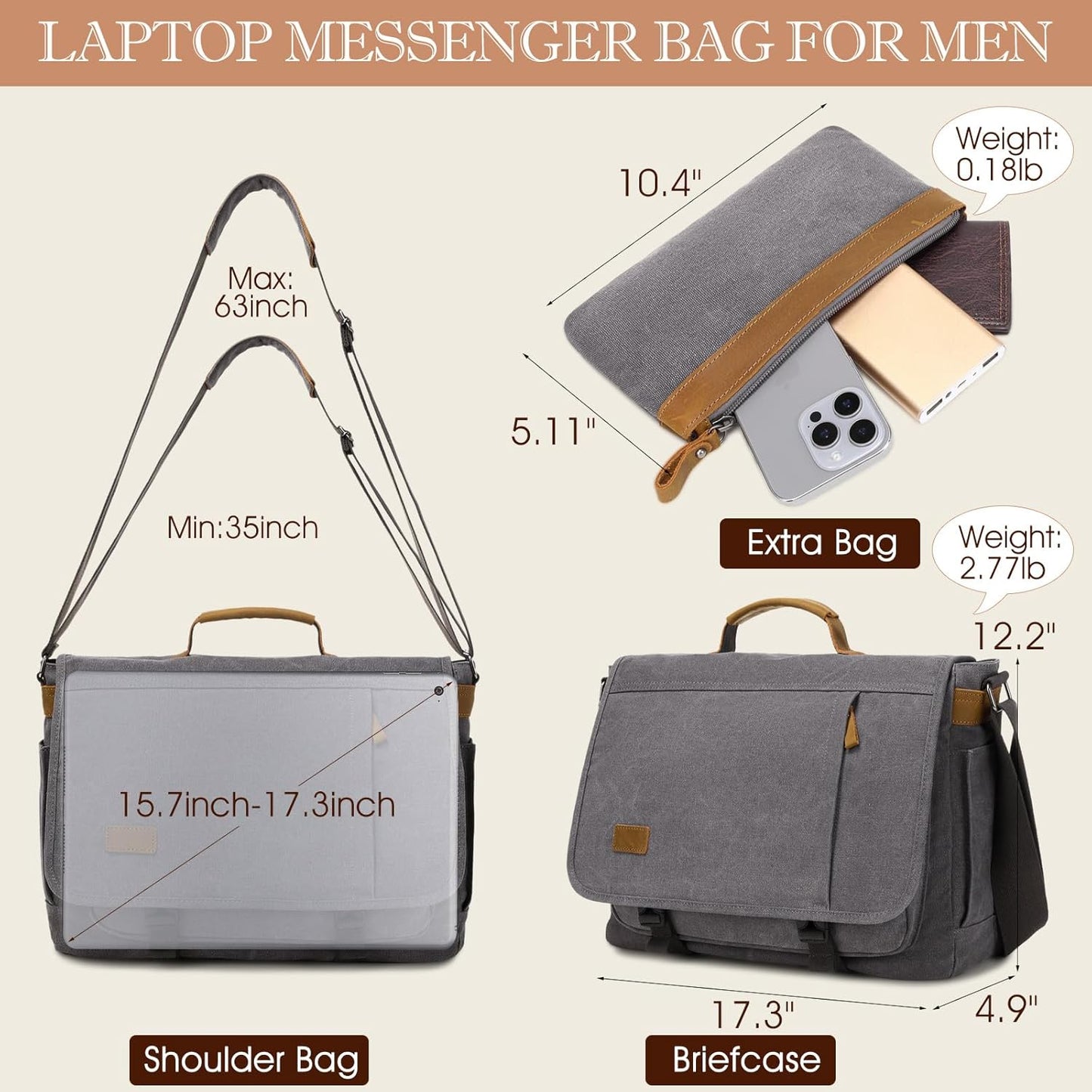 17.3 Inch Messenger Bag for Men: 2PCS Laptop Bag PU Leather Canvas Work Briefcase Large Office