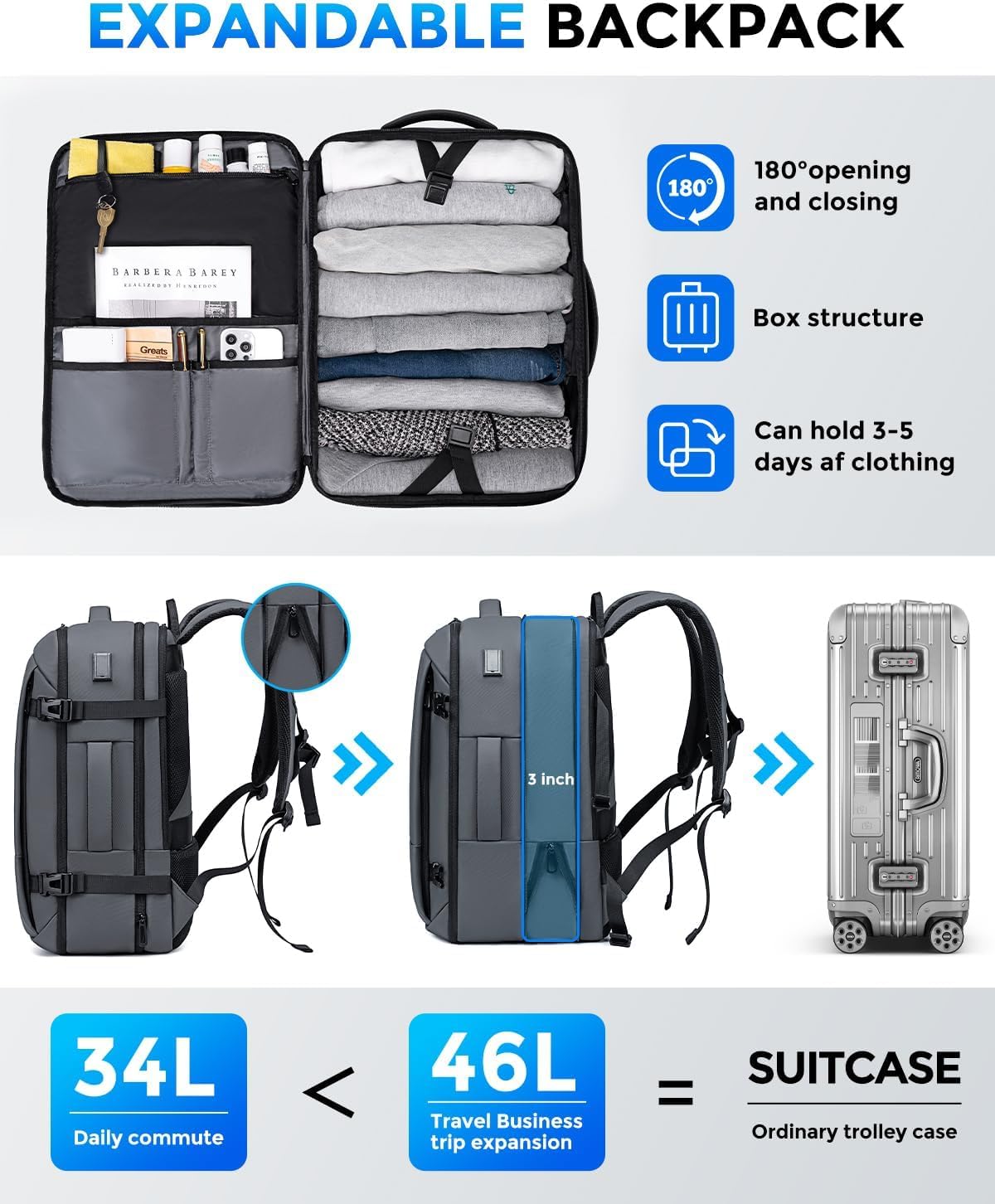 17.3 Inch Travel Laptop Backpack for Men, Water Resistant Carry On Backpack with USB Port, Expandable Computer Daypack, Grey Business Backpack for College/Work
