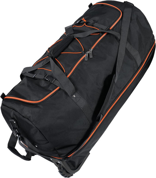 110L Expandable to 140L 32” Foldable Oxford Soft-Sided Rolling Duffle Bag with 2 Heavy-Duty Wheels,3 Large Compartments,Adjustable Shoulder Strap and Attached Organizer Pouch,Black Orange