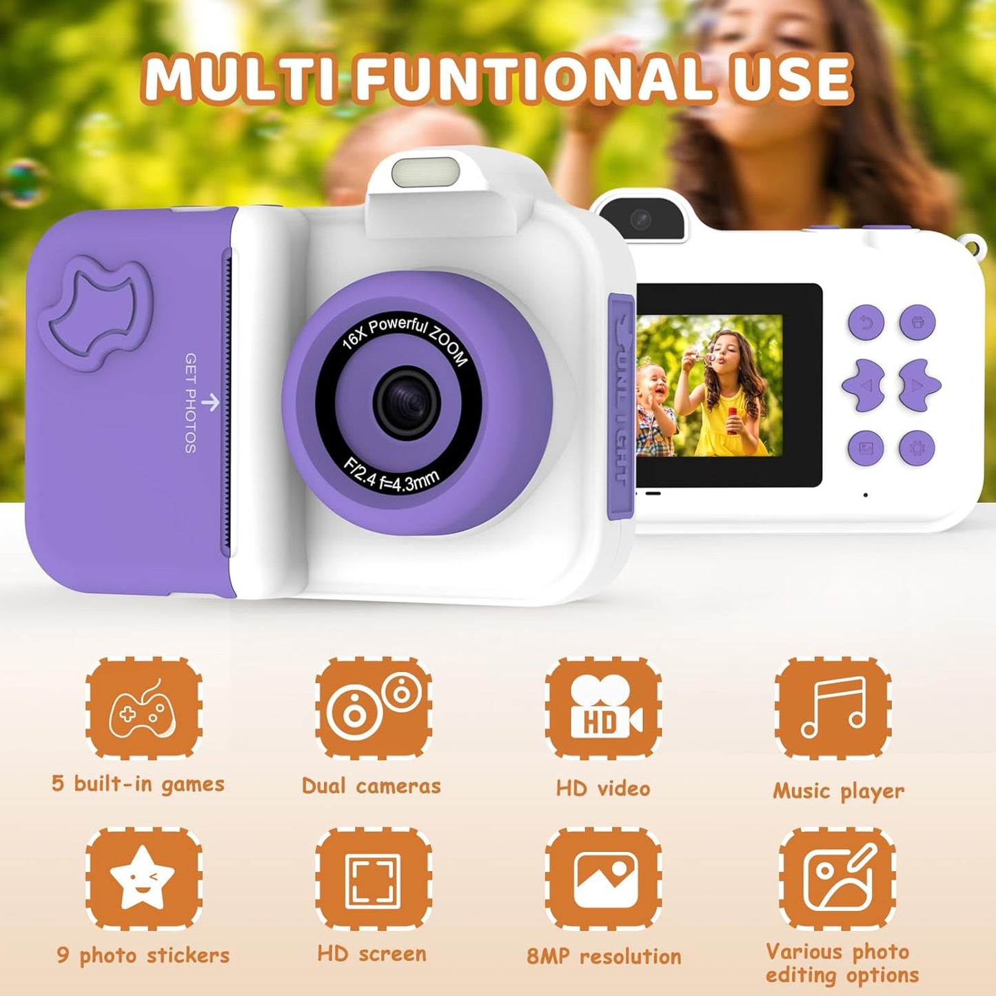 Kids Camera Instant Print, Christmas Birthday Gifts Toys for Girls Boys Age 4 5 6 7 8 9 10 11 12 Years Old,1080P HD Dual-Lens Selfie Digital Camera with 5 Rolls Print Paper Stickers Pens & 32G Card