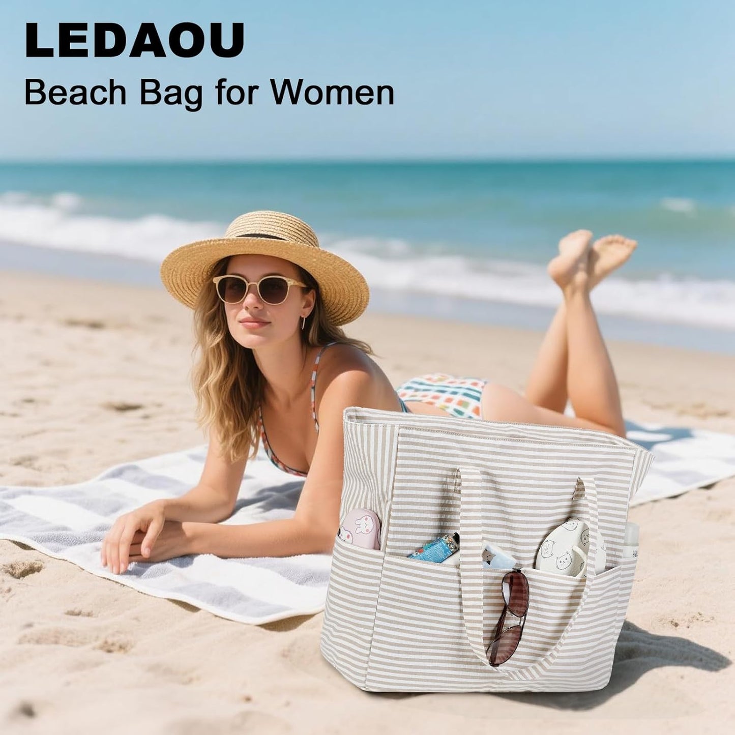 LEDAOU Beach Bag Waterproof Sandproof Women Tote Bag Pool Bag with Zipper for Gym Grocery Travel with Wet Pocket