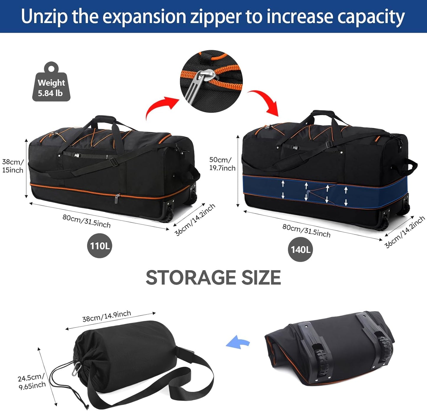 110L Expandable to 140L 32” Foldable Oxford Soft-Sided Rolling Duffle Bag with 2 Heavy-Duty Wheels,3 Large Compartments,Adjustable Shoulder Strap and Attached Organizer Pouch,Black Orange