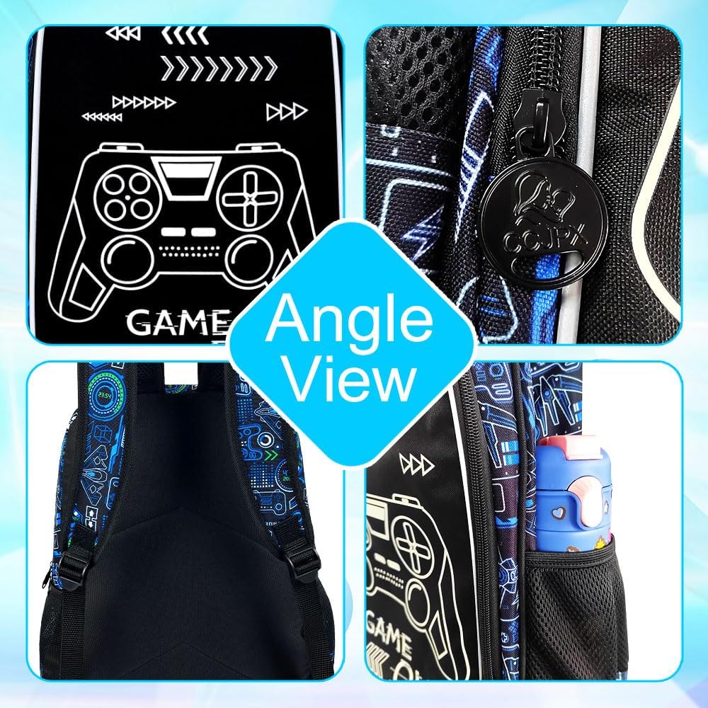 17 Inches Glow in The Dark Gamer Backpack for Boys, 3Pcs video Game School Bookbag Set for Teens, Laptop Backpacks with Lunch Bag(Blue)