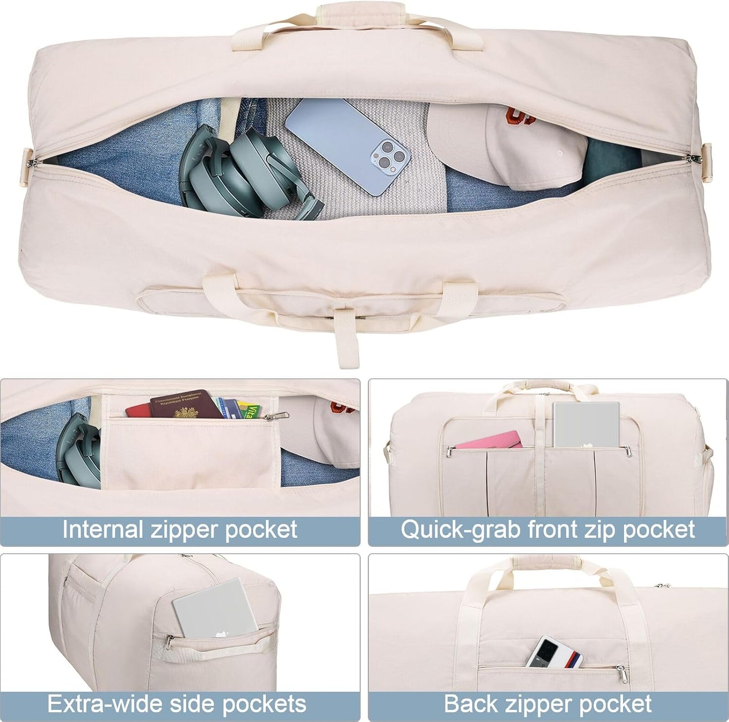 100L Travel Duffle Bag for Men and Women, Urtala 32” Large Duffle Bag for Traveling with Shoe Compartment, Foldable Duffel Bag Water & Tear Resistant (Beige)