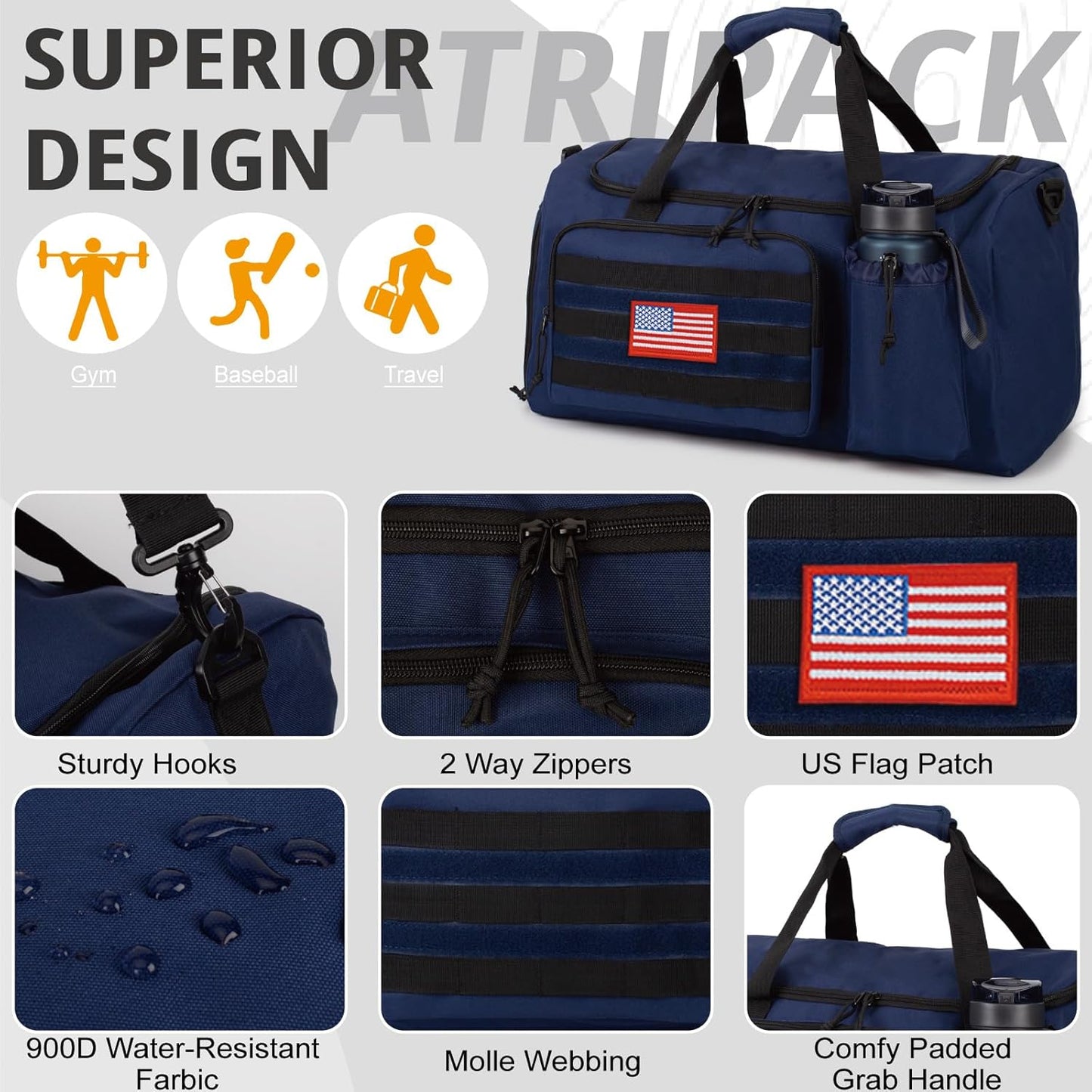 Tactical Gym Bag for Men, 40L Large Capacity Duffle Bags with Shoes Compartment, Sports Bag with wet compartment, Multi-functional Weekend Bags Suitable for Travel, Camping,hiking