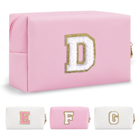 Personalized Initial A-Z Preppy Patch Makeup Bag,Small PU Chenille Letter Cosmetic Bag with Zipper for Teen Girls,Pink Cute Toiletry Organizer Bag,Monogram Makeup Case Gift for Women Girls,Letter D