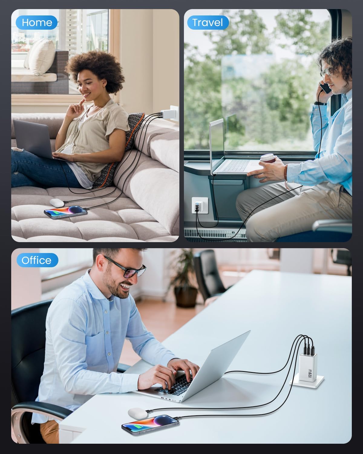 128W USB C Wall Charger,GaN III 3-Port Fast Charging Station,PD QC Foldable Charger Block Portable 65W Laptop Adapter for MacBook Pro/Air,iPad Pro,Galaxy S23,Dell XPS 13,iPhone 17/16/Pro etc