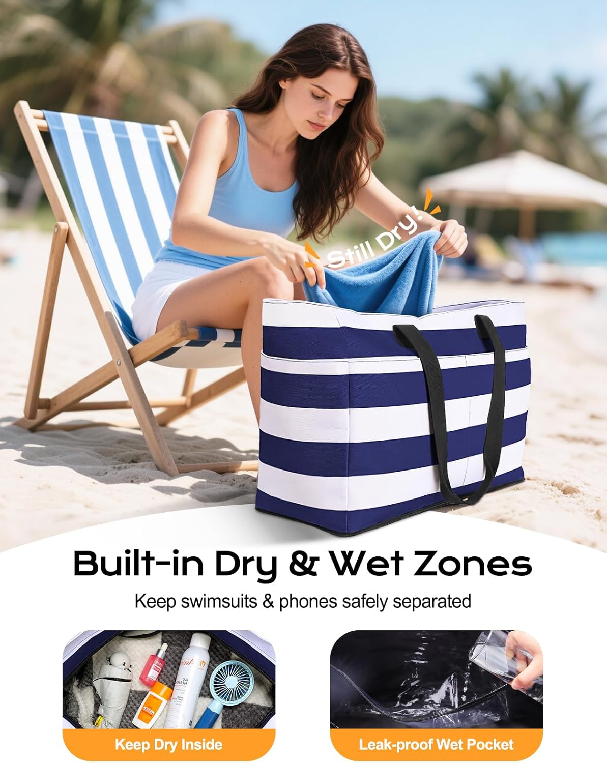 Beach Bag with Cooler, 54L Large Waterproof Sandproof Travel Tote Bag, Duffel Weekender Bag for Packing/Travel/Gym