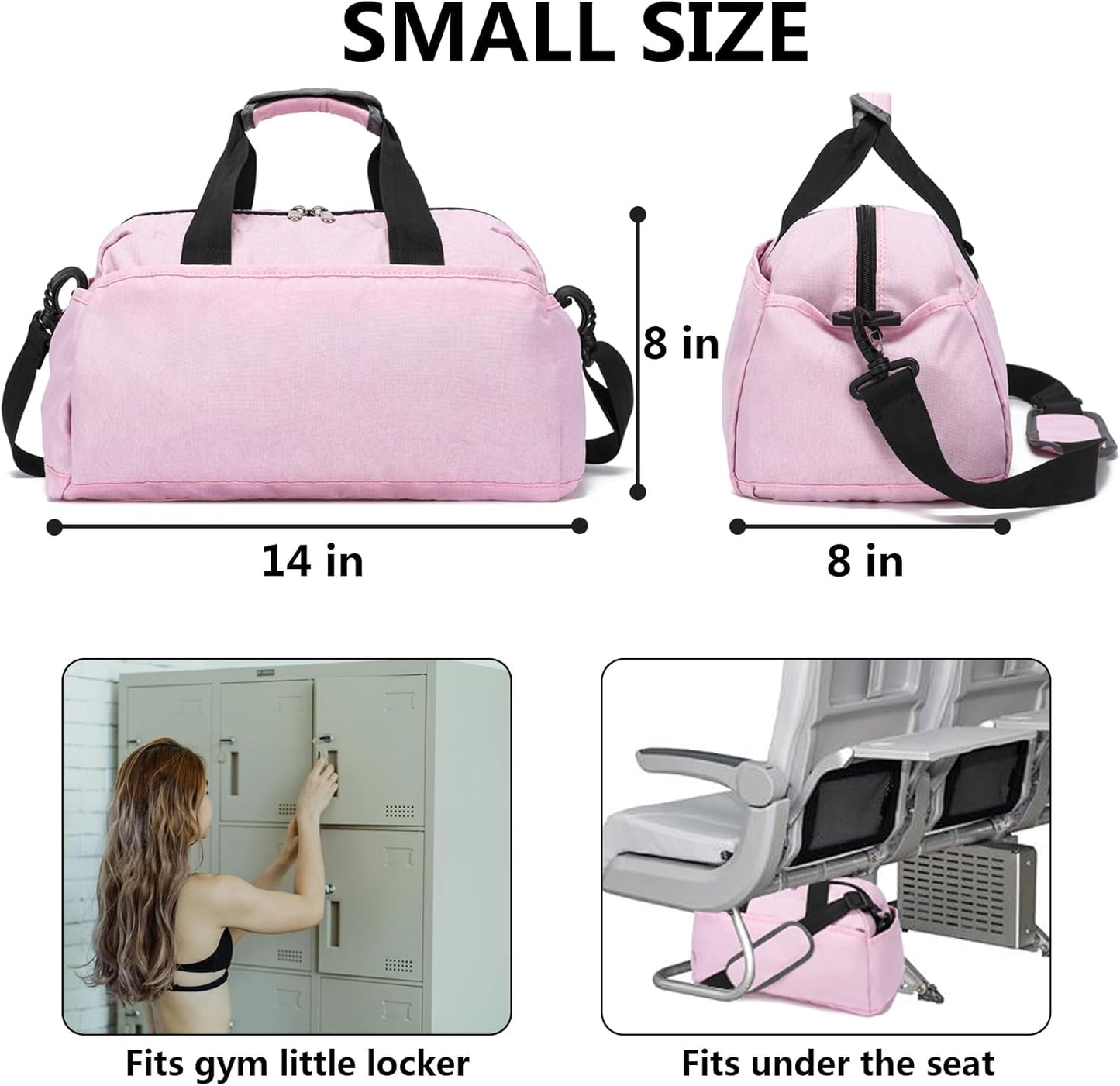 14 inch Small Gym Bag for Women & Men, Mini Duffel Bag for Travel Sports Lightweight Carry On Bag, Pink