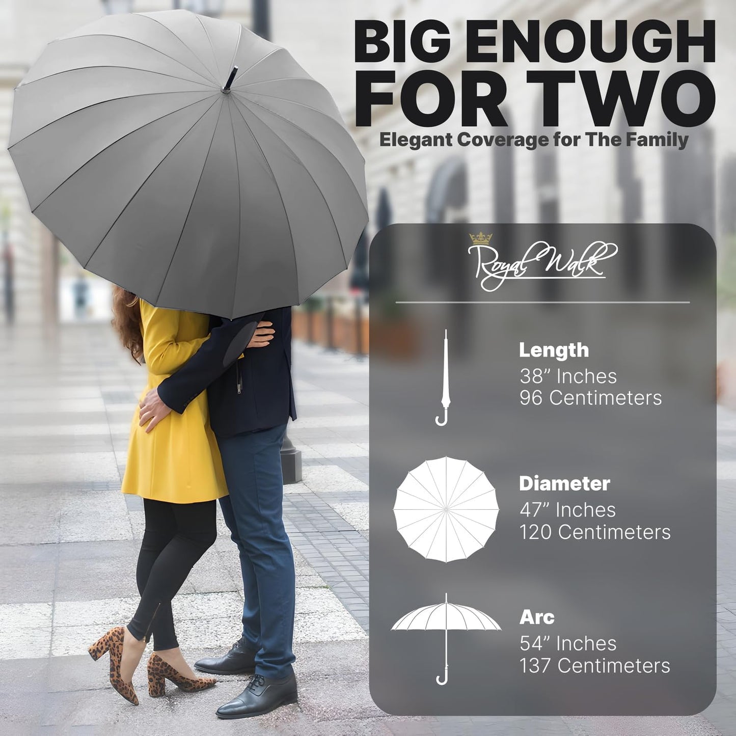 Royal Walk Windproof Large Umbrella for Rain 54 Inch Automatic Open for 2 Persons Wind Resistant Big Golf Umbrellas for Adult Men Women Classic Wooden Handle Fast Drying Strong 16 Ribs Travel 120cm