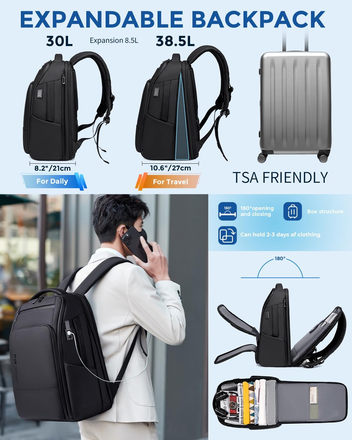 17 Inch Travel Laptop Backpack, Water Resistant Expandable Men's Computer Backpack for Men, Black Laptop Bag with USB Port for Business/Work/College
