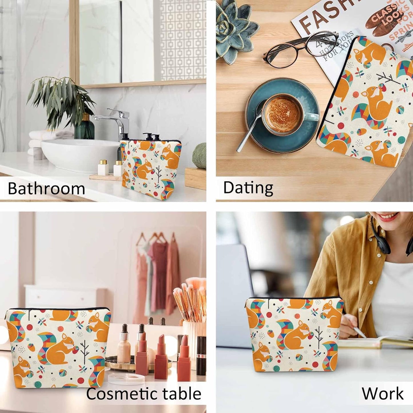 Squirrel Makeup Bag For Women, Adorable Cosmetic Bag Makeup Bags, Geometric Squirrel Pine Cones Cute Zipper Bag Travel Bags Toiletry Organizers Pouch Bags Washing Bags For Gym Bathroom