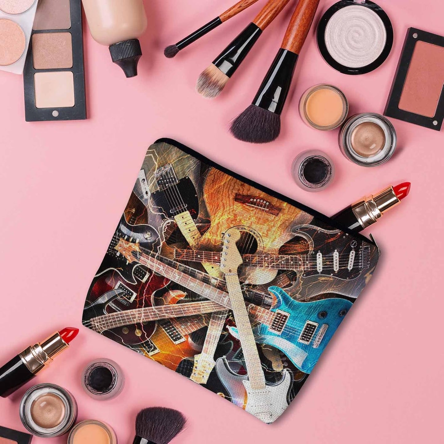 Rock Guitar Makeup Bag For Women, Adorable Cosmetic Bag Makeup Bags, Lightning Music Guitar Zipper Bag Travel Bags Toiletry Organizers Pouch Bags Washing Bags For Gym Bathroom