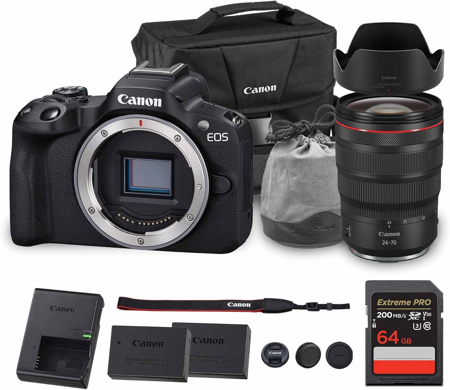 Canon EOS R50 Mirrorless Camera | 24.2MP APS-C, 4K 30p Video, Dual Pixel AF II, 15fps Burst, Vari-Angle Screen, Compact Beginner Vlogging Camera (5811C002) + Canon RF 24-70mm Lens + 64GB Card + More