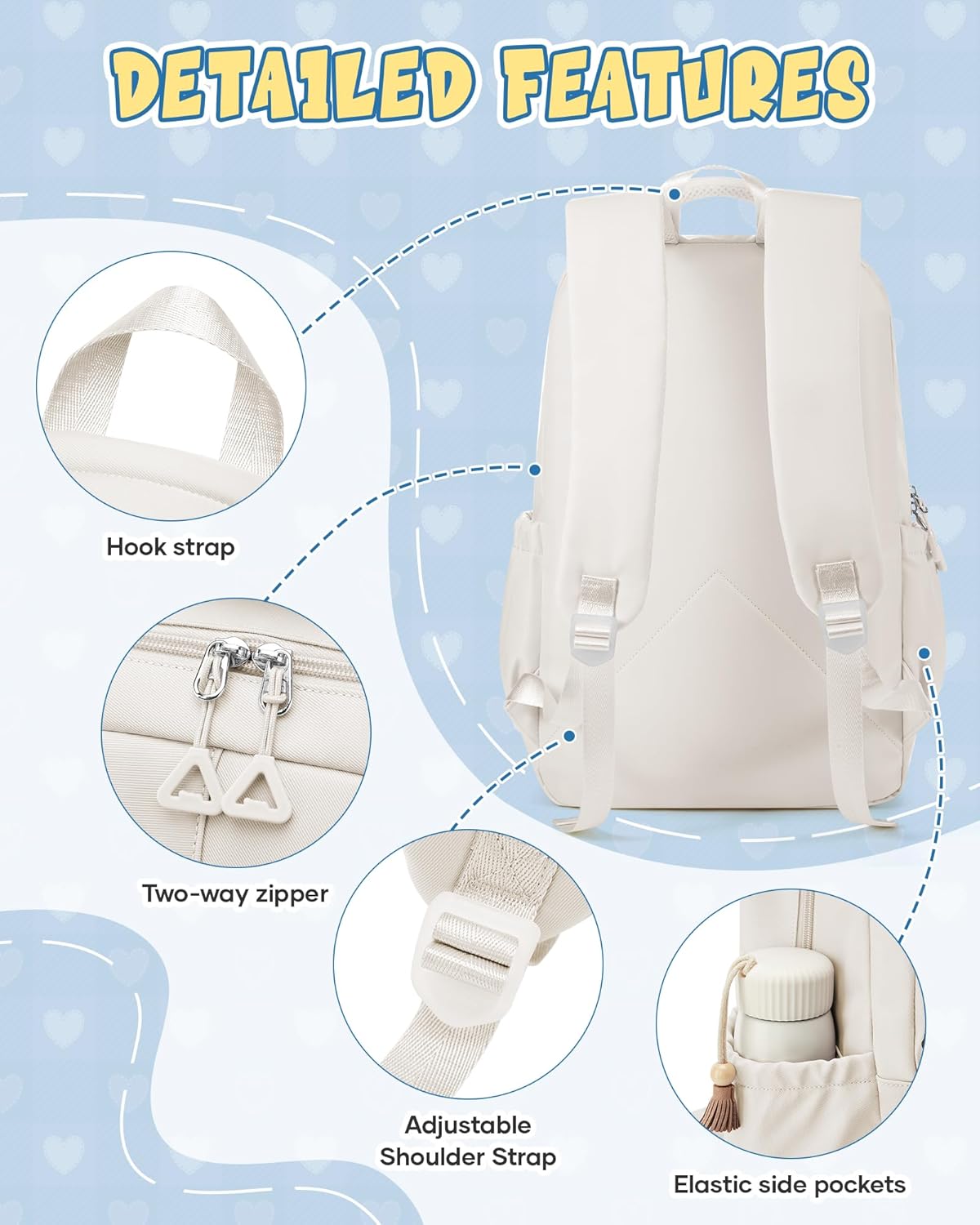 School Backpack for Women Men Cute Backpack for College Students Lightweight High School bag for Teens Girls Boys Waterproof Casual Daypacks Bookbag(Beige)