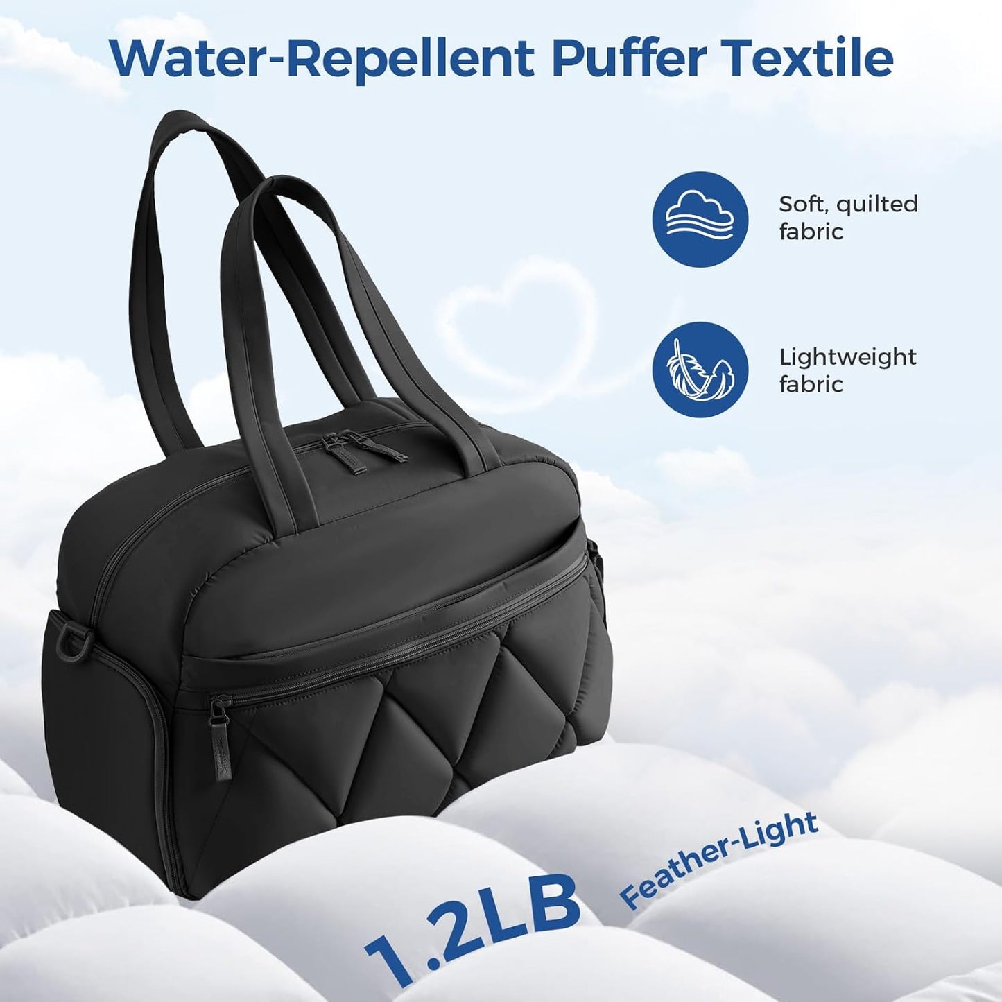 Gym Bag for Women, Puffer Travel Duffle Bag With Shoes Compartment & Wet Pocket, Carry On Tote Bag For Weekender, Overnight, Sport (Black)